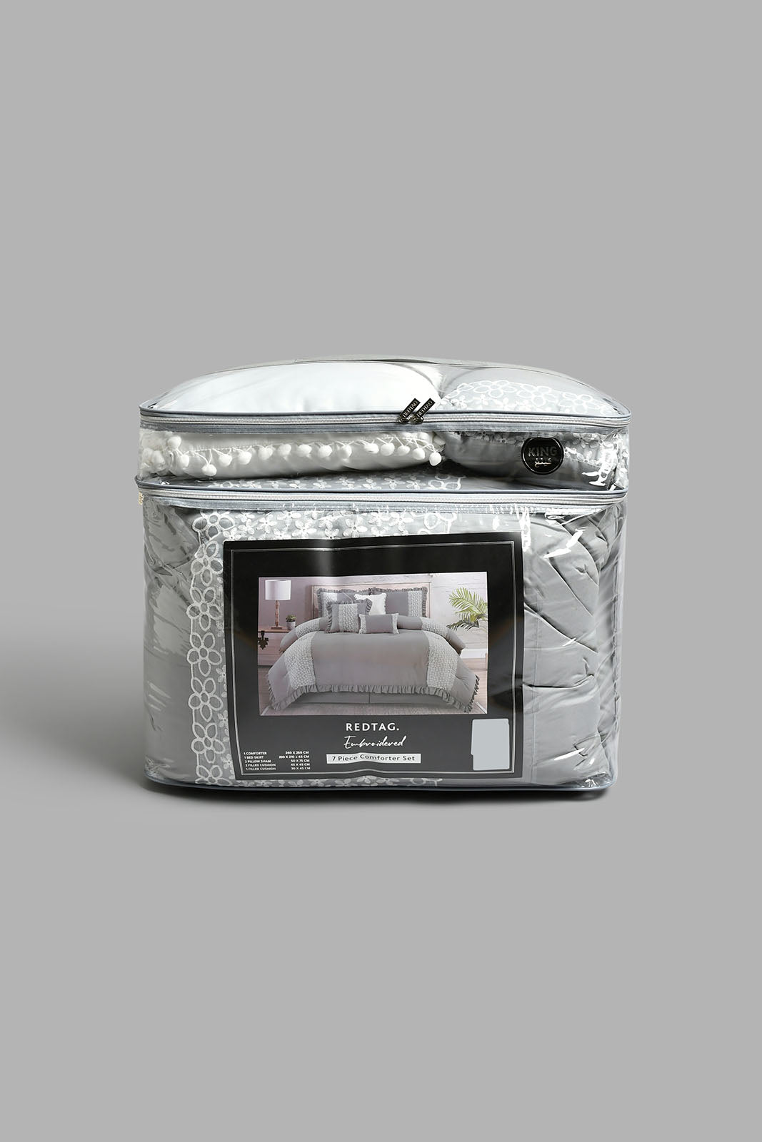 Redtag-Grey-7-Piece-Hand-Lace-Comforter-Set-(King-Size)-Comforters-Home-Bedroom-