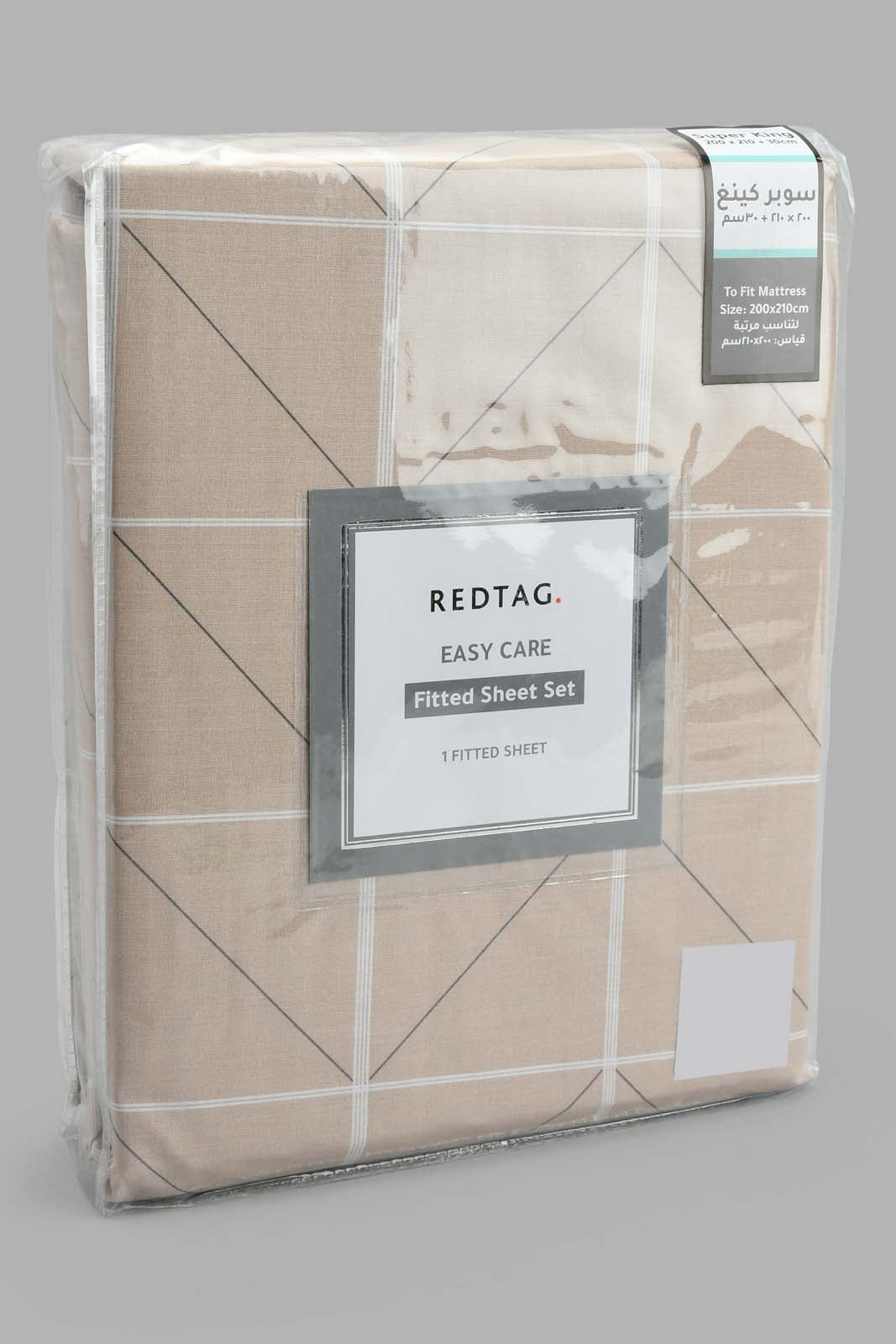 Redtag-Beige-Check-Printed-Fitted-Sheet-(Super-King-Size)-Fitted-Sheets-Home-Bedroom-