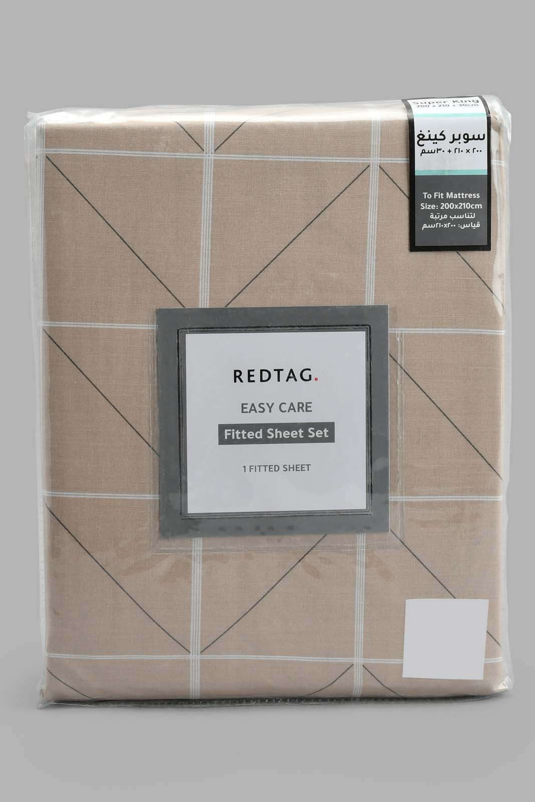 Redtag-Beige-Check-Printed-Fitted-Sheet-(Super-King-Size)-Fitted-Sheets-Home-Bedroom-