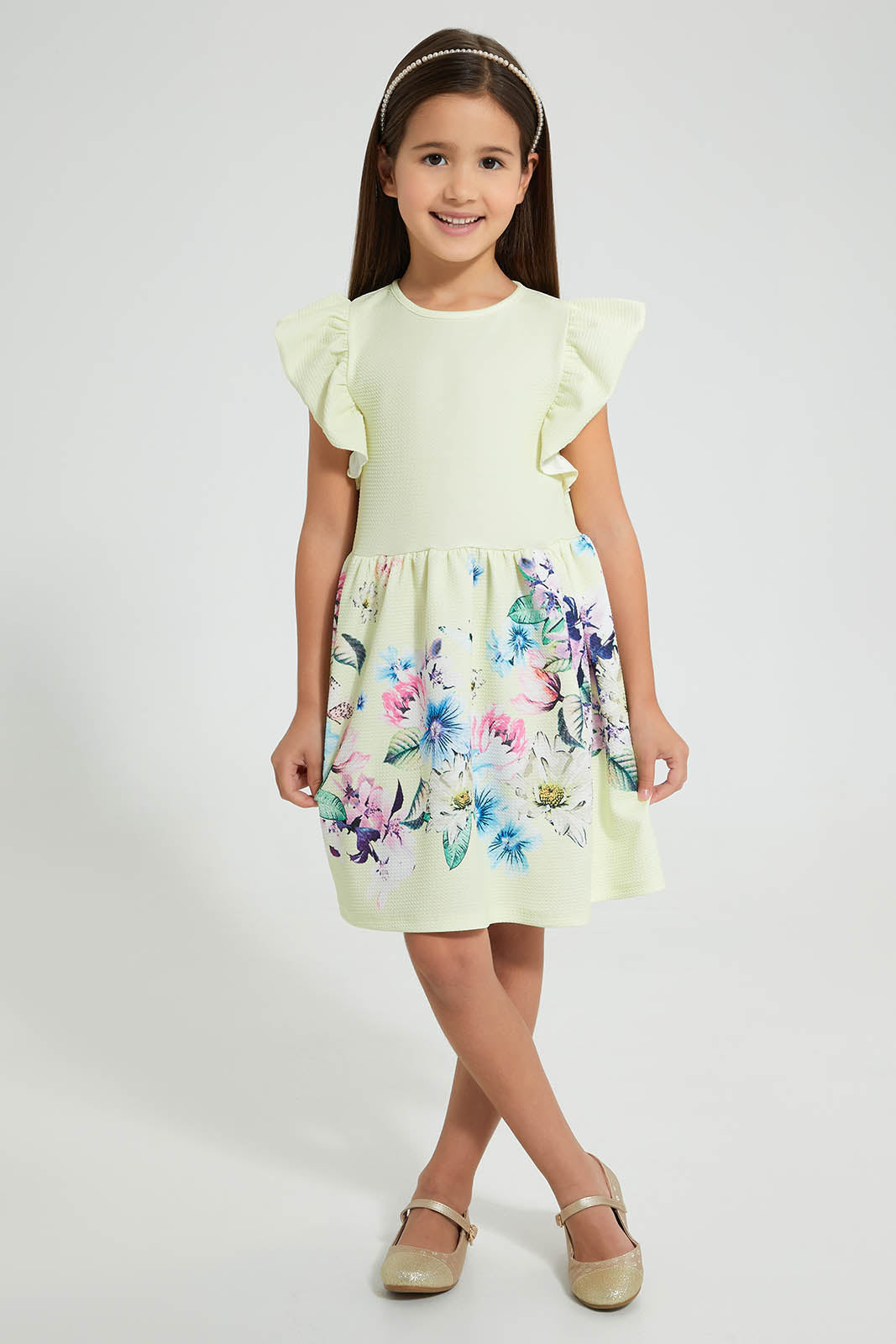 Redtag-Yellow-Textured-Printed-Dress-Dresses-Girls-2 to 8 Years