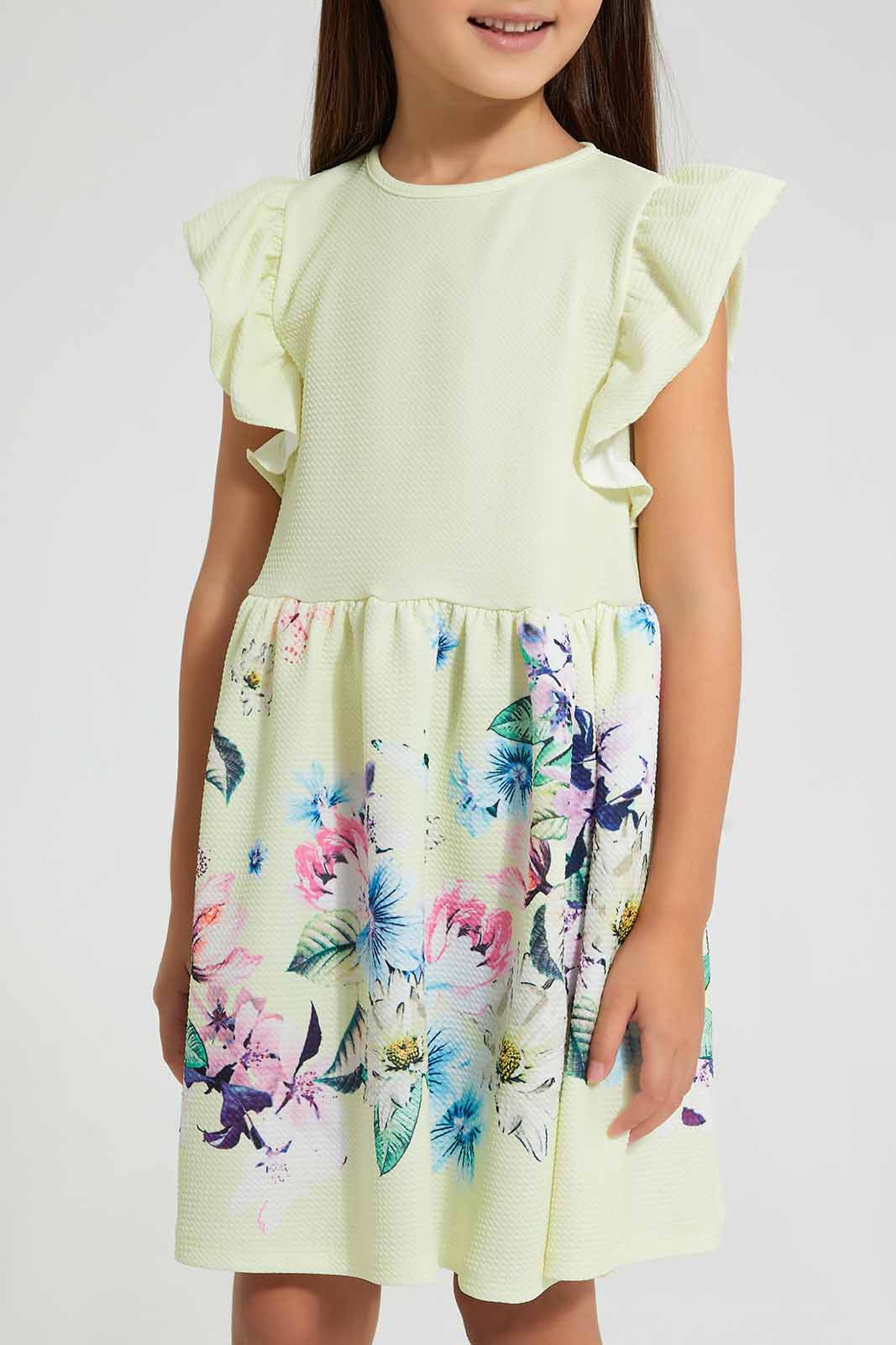 Redtag-Yellow-Textured-Printed-Dress-Dresses-Girls-2 to 8 Years