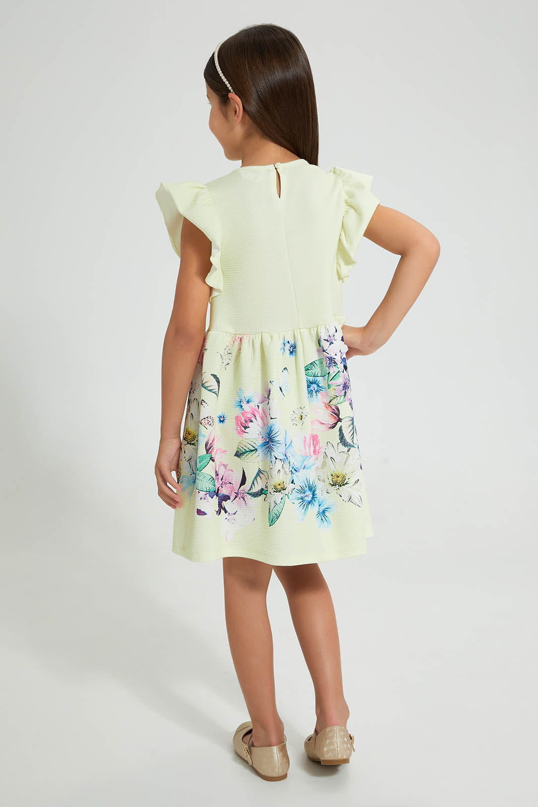 Redtag-Yellow-Textured-Printed-Dress-Dresses-Girls-2 to 8 Years