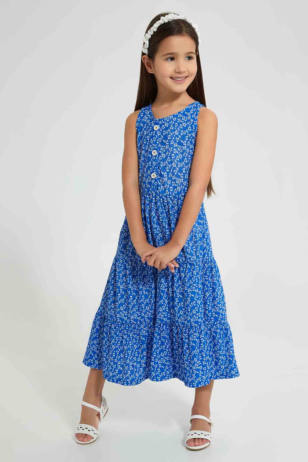 Redtag-Blue-Printed-Dress-Dresses-Girls-2 to 8 Years