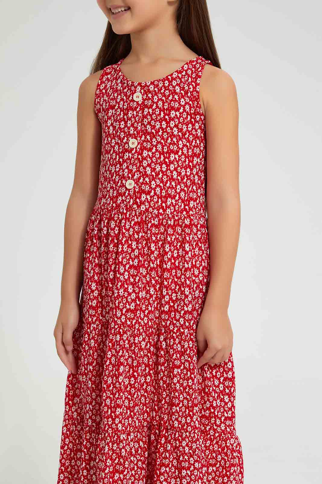 Redtag-Red-Printed-Dress-Dresses-Girls-2 to 8 Years