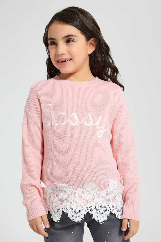 Redtag-Pink-Bottom-Hem-Lace-Pullover-Pullovers-Girls-2 to 8 Years