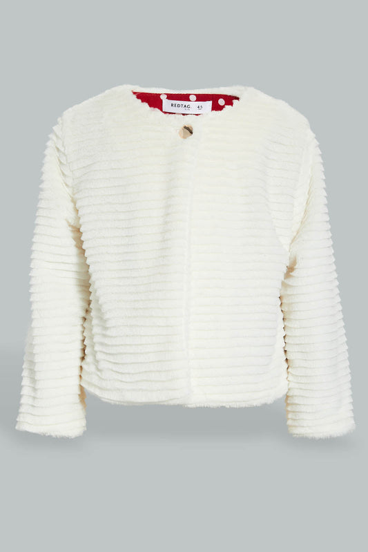 Redtag-Cream-Fur-Crew-Neck-Jacket-Jackets-Girls-2 to 8 Years