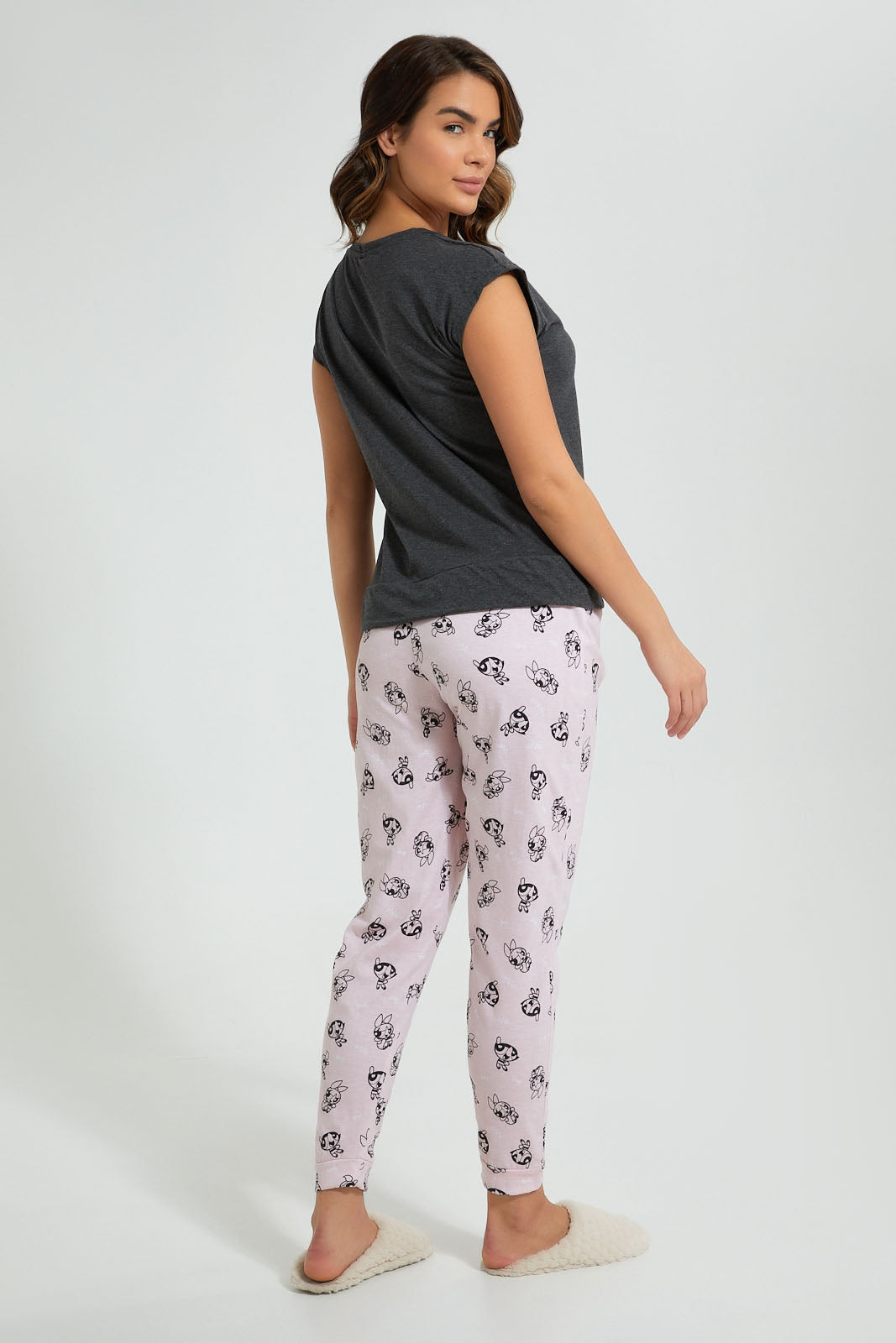Redtag-Dark-Grey-Power-Puff-Girls-Printed-Pyjama-Set-Pyjama-Sets-Women's-