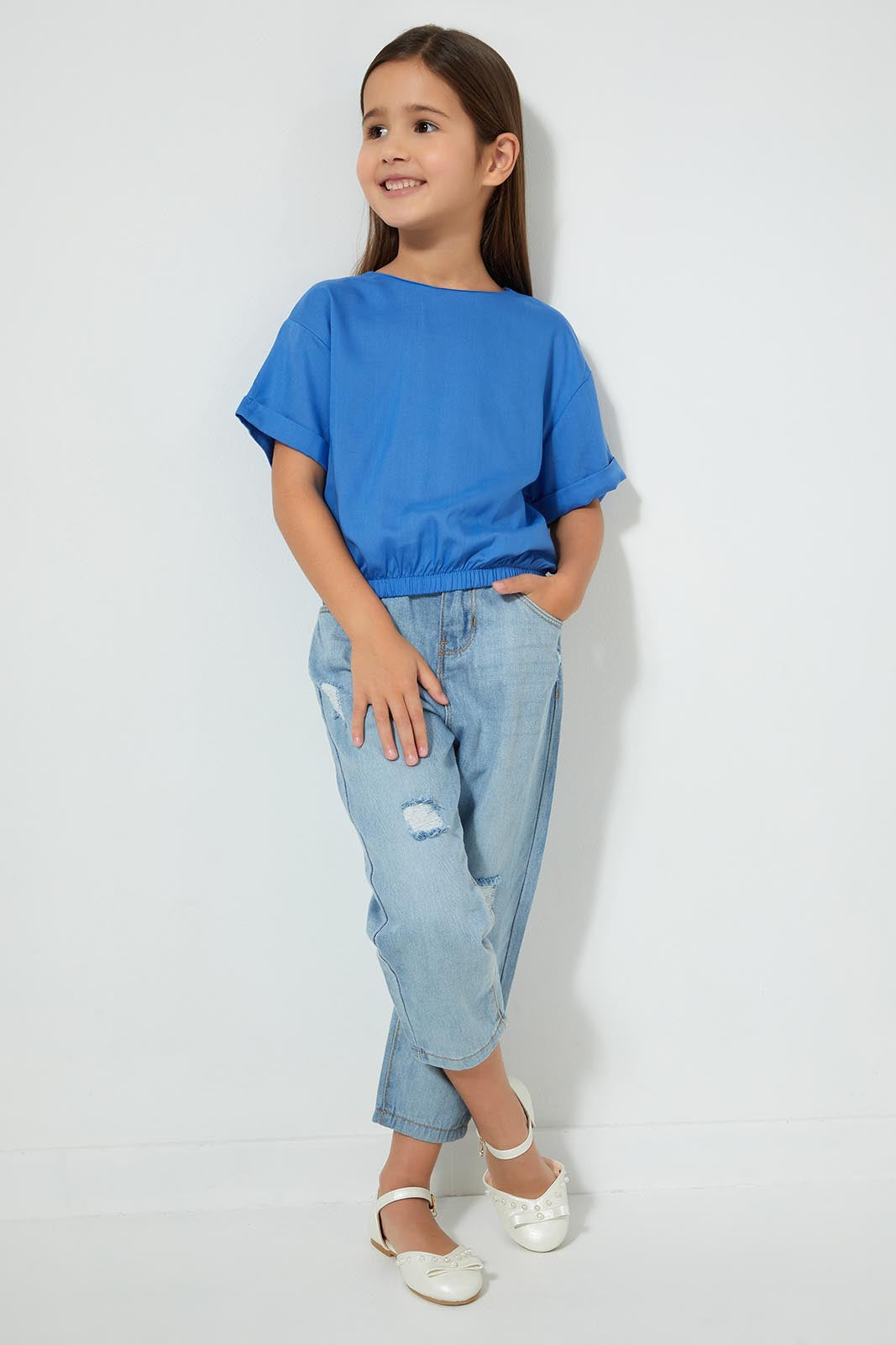 Redtag-Blue-Elasticated-Hem-Blouse-Blouses-Girls-2 to 8 Years