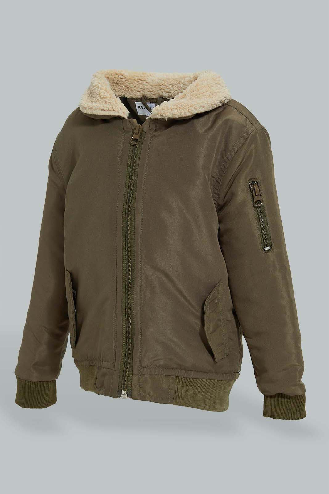 Redtag-Green-Sherpa-Padded-Jacket-Zip-Through-Jackets-Infant-Boys-3 to 24 Months