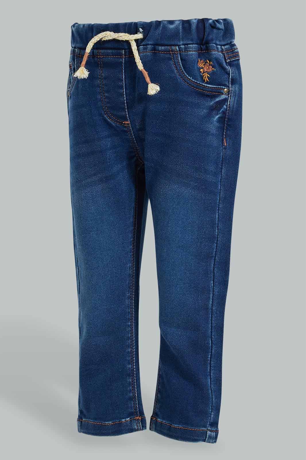 Redtag-Darkwash-Knit-Denim-Pull-On-Jean-With-Pkt-Embroidered-Jeans-Slim-Fit-Infant-Girls-3 to 24 Months