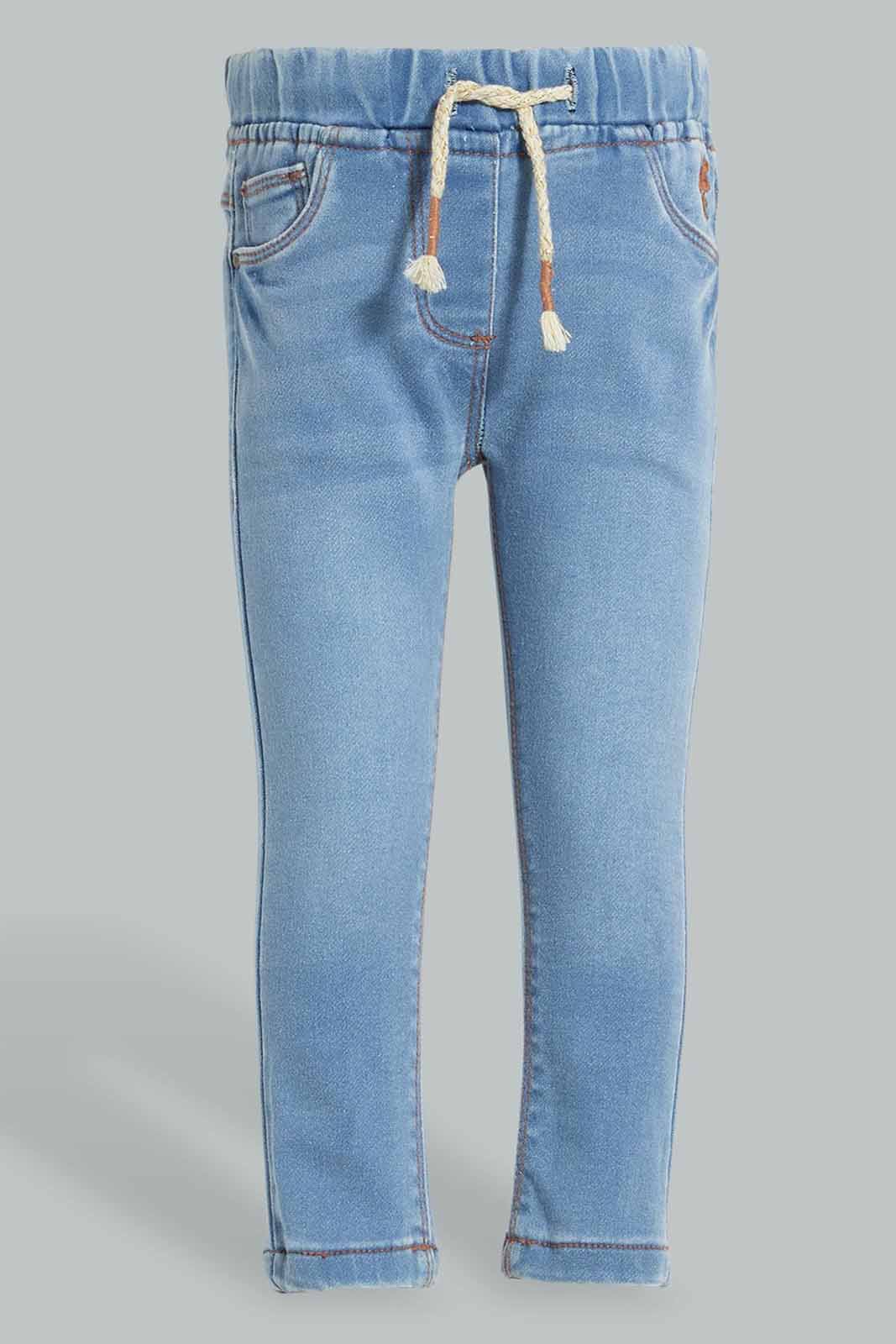 Redtag-Light-Wash-Knit-Denim-Pull-On-Jean-With-Pkt-Embroidered-Jeans-Slim-Fit-Infant-Girls-3 to 24 Months