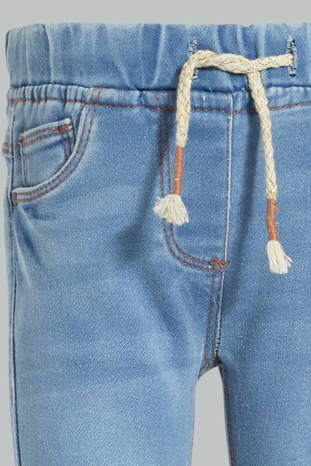 Redtag-Light-Wash-Knit-Denim-Pull-On-Jean-With-Pkt-Embroidered-Jeans-Slim-Fit-Infant-Girls-3 to 24 Months