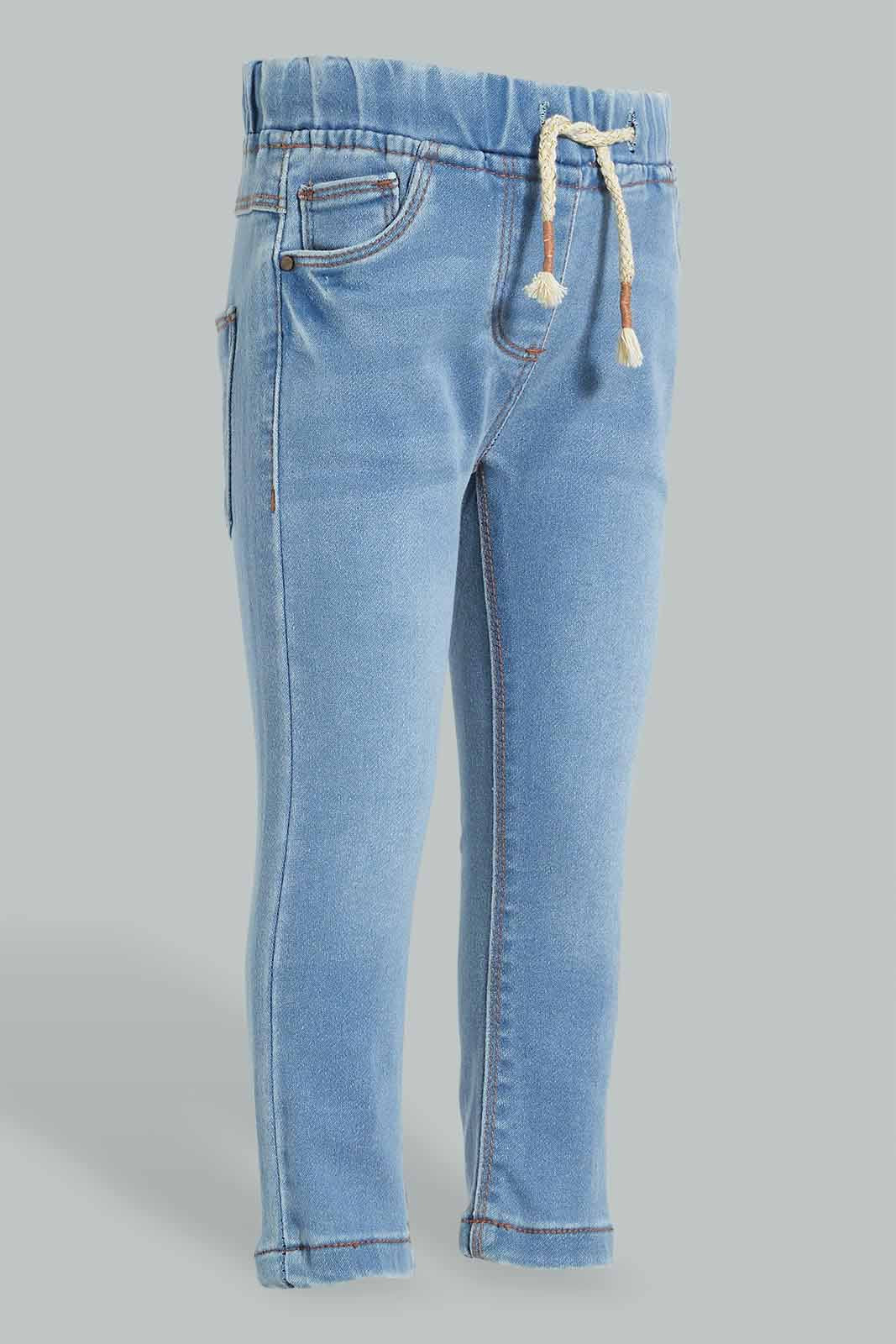 Redtag-Light-Wash-Knit-Denim-Pull-On-Jean-With-Pkt-Embroidered-Jeans-Slim-Fit-Infant-Girls-3 to 24 Months