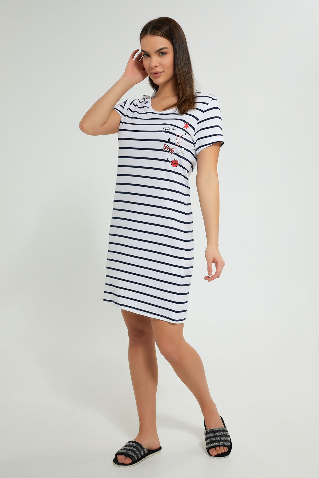 Redtag-Navy/White-Stripe-Printed-Nightshirt-Nightshirts-Women's-