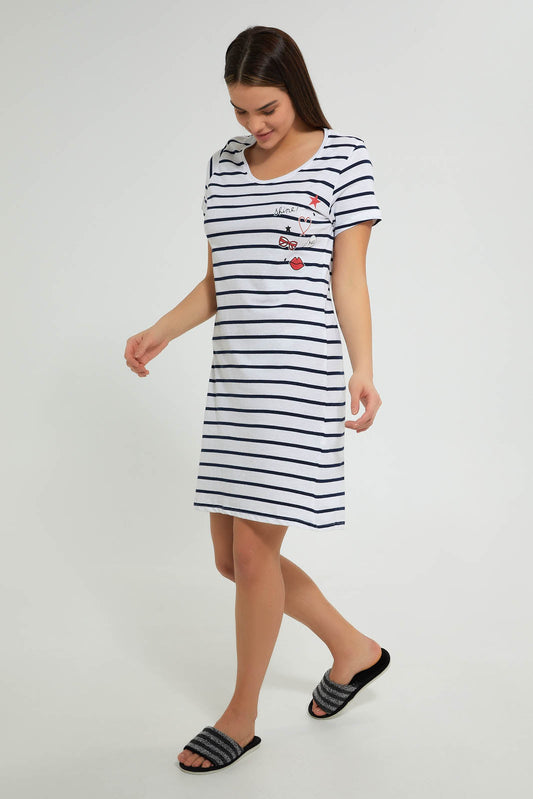 Redtag-Navy/White-Stripe-Printed-Nightshirt-Nightshirts-Women's-