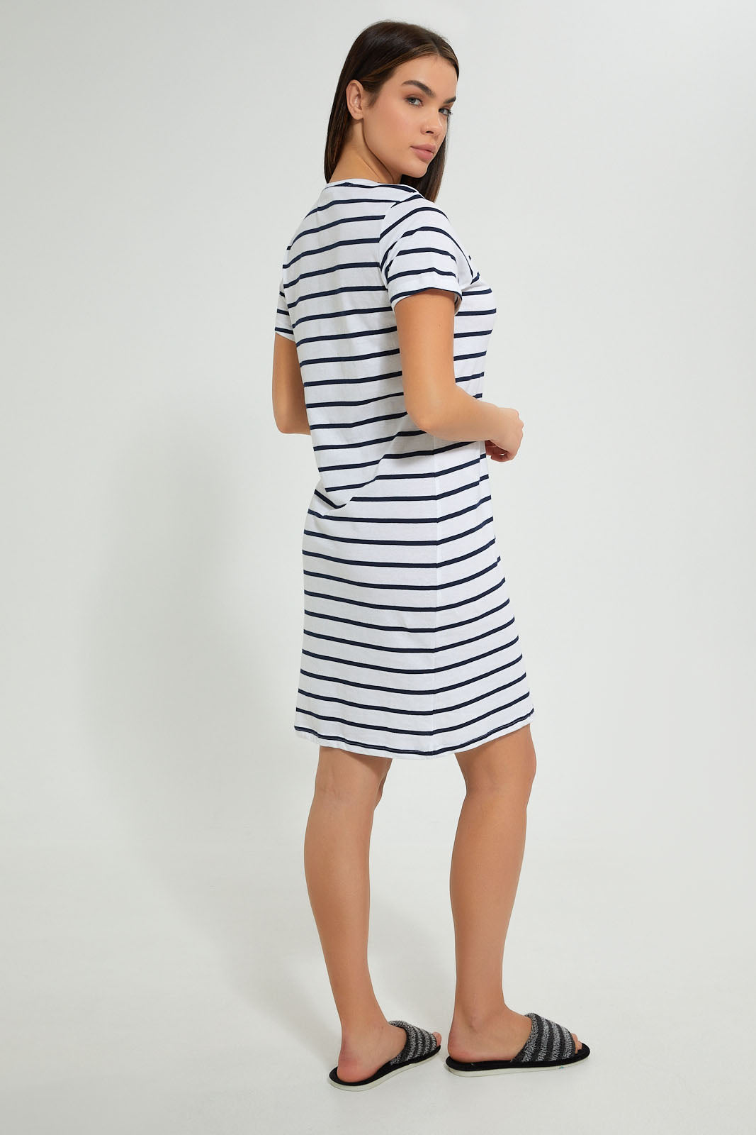 Redtag-Navy/White-Stripe-Printed-Nightshirt-Nightshirts-Women's-