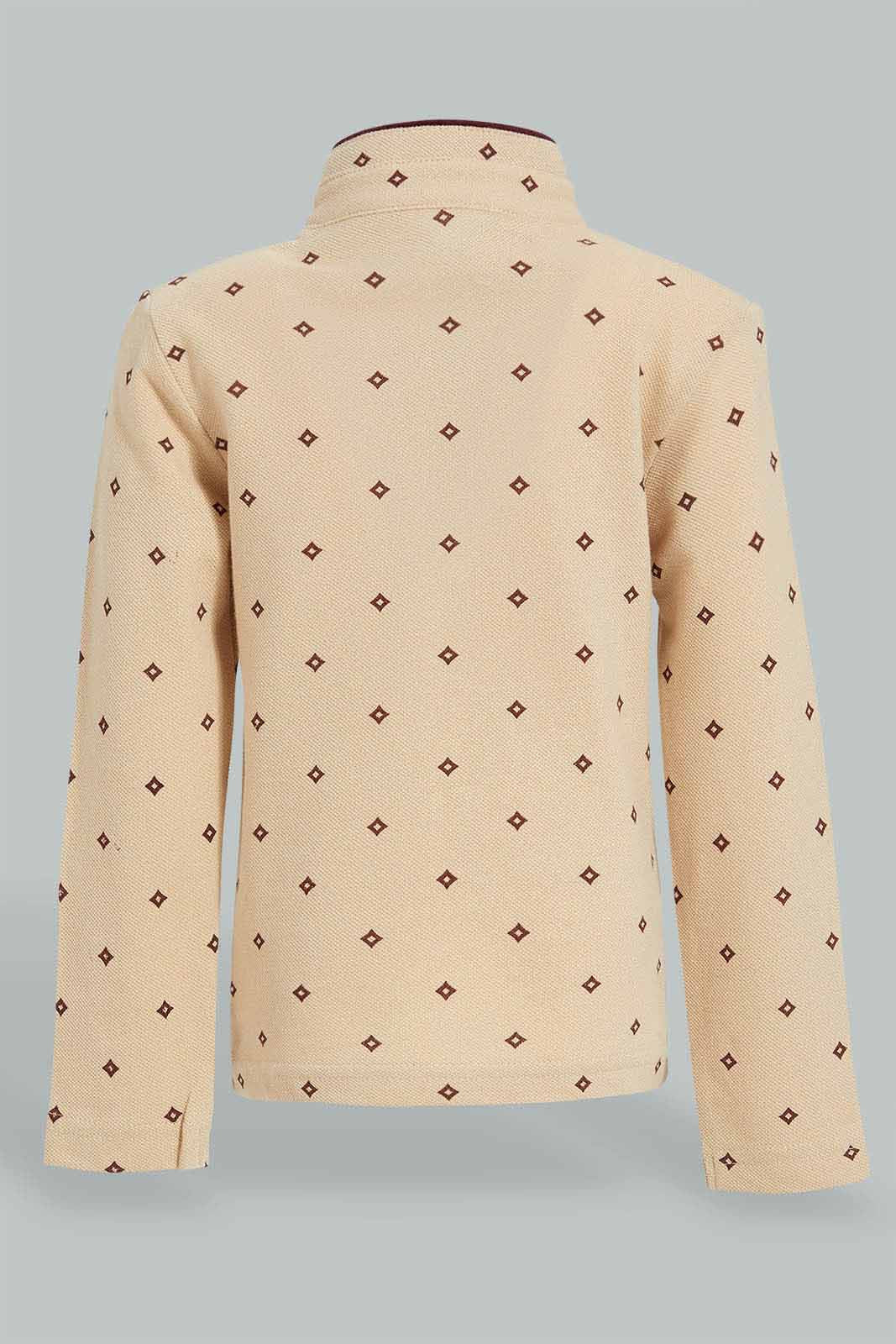 Redtag-Beige-Printed-Mandarin-Long-Sleeve-Polo-Polo-Shirts-Infant-Boys-3 to 24 Months