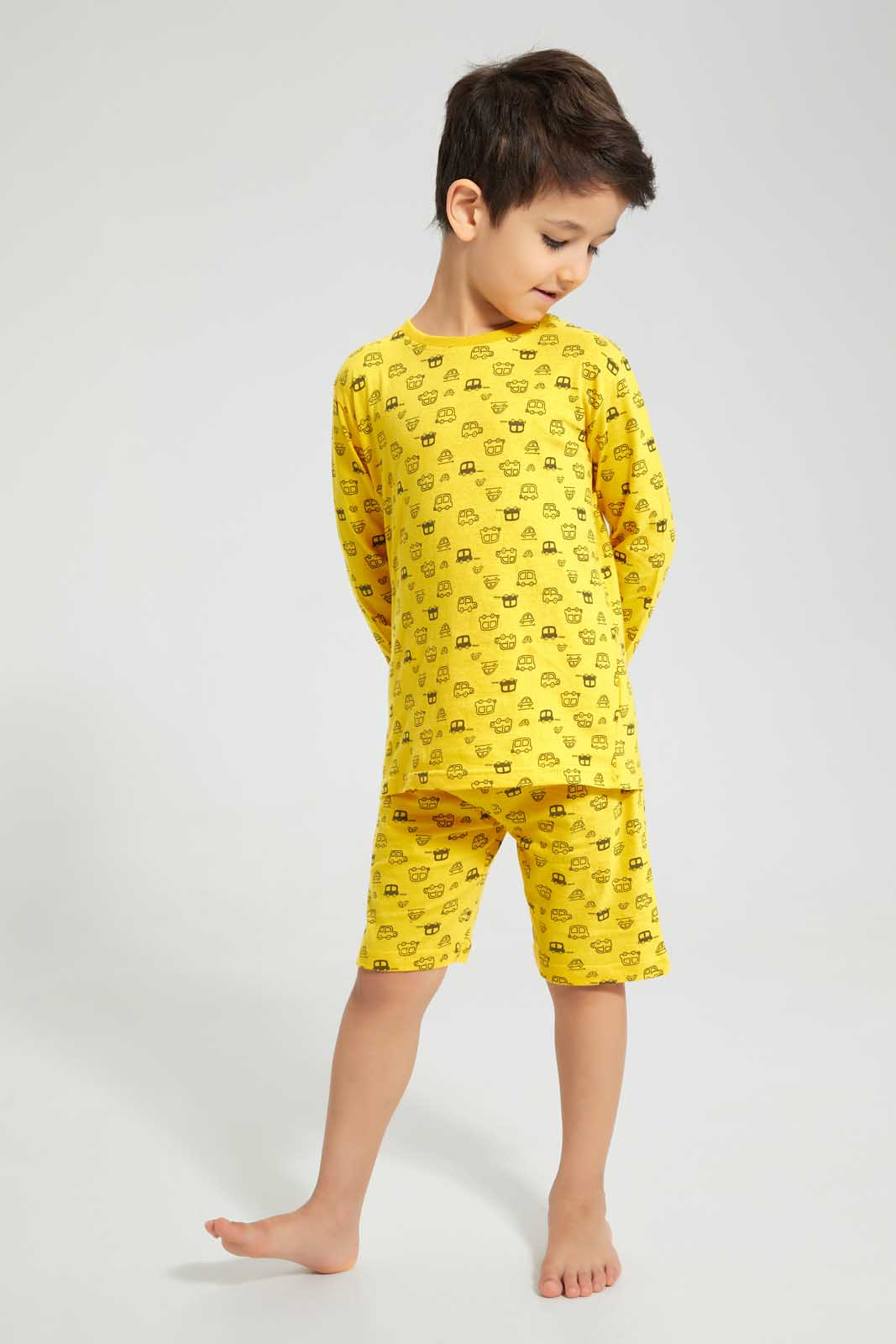 Redtag-Yellow-And-Navy-4-Piece-Pack-Vehide-Print-Pyjama-Set-Pyjama-Sets-Boys-2 to 8 Years