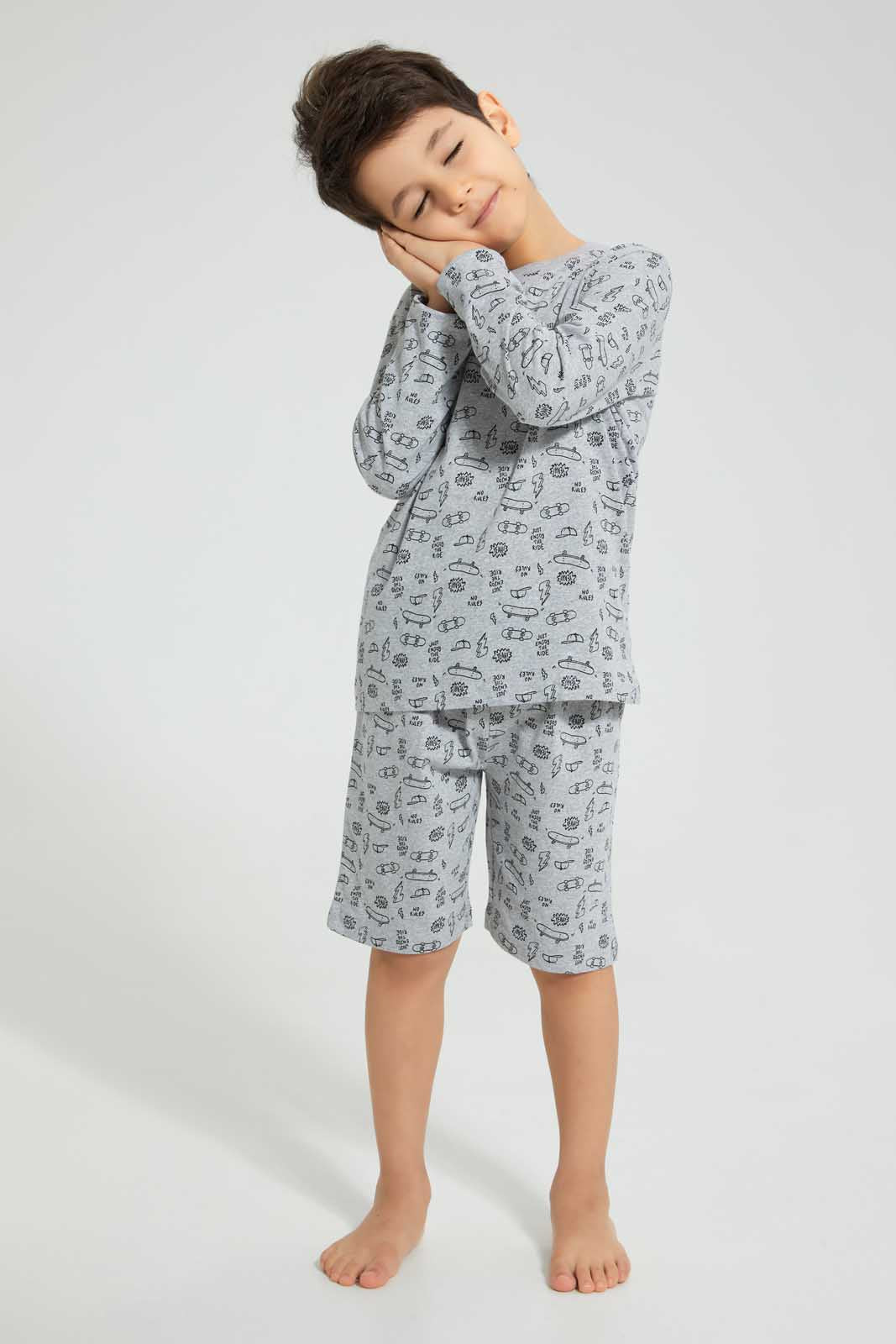 Redtag-Grey-Black-4-Piece-Pack-Skate-Print-Pyjama-Set-Pyjama-Sets-Boys-2 to 8 Years
