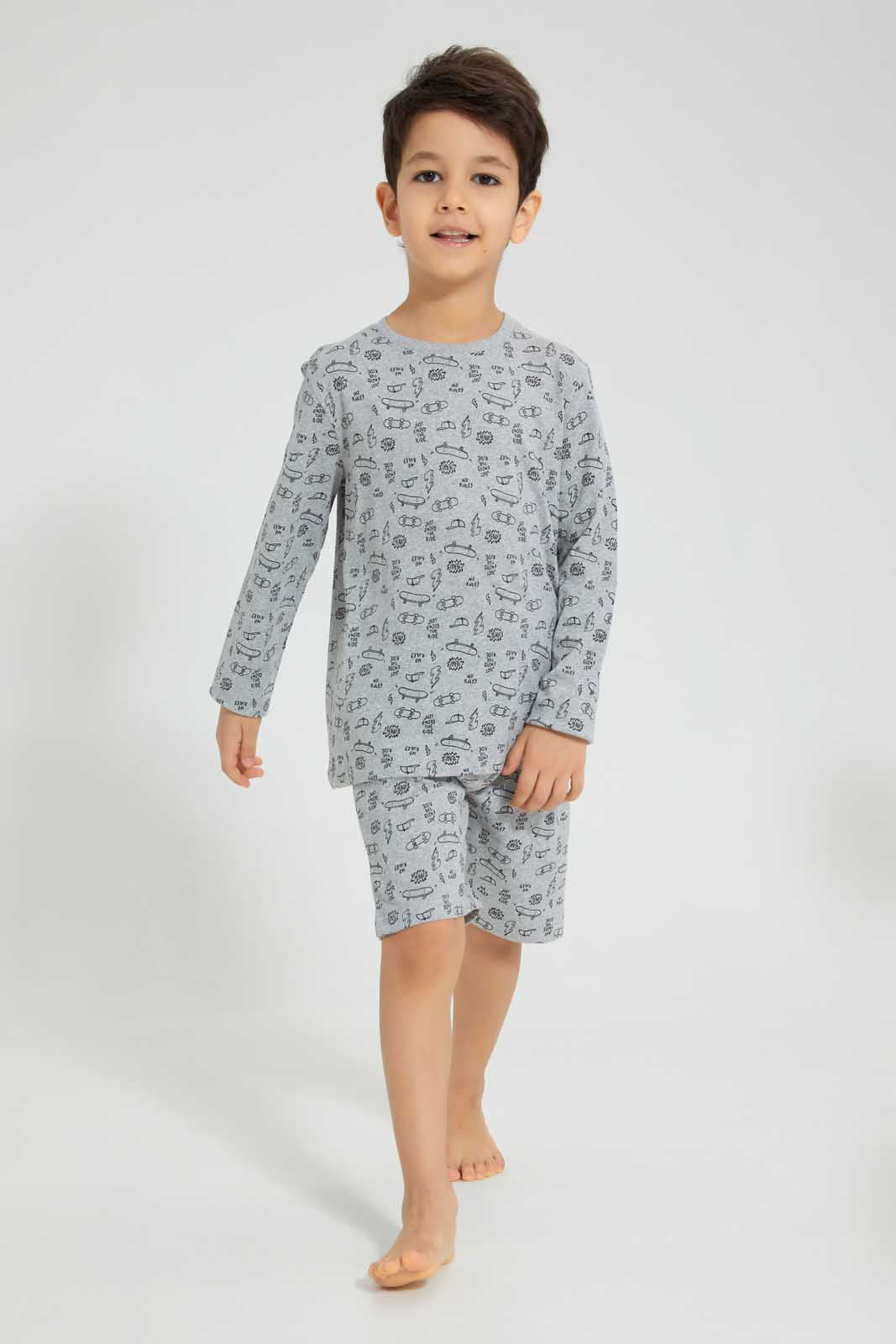 Redtag-Grey-Black-4-Piece-Pack-Skate-Print-Pyjama-Set-Pyjama-Sets-Boys-2 to 8 Years