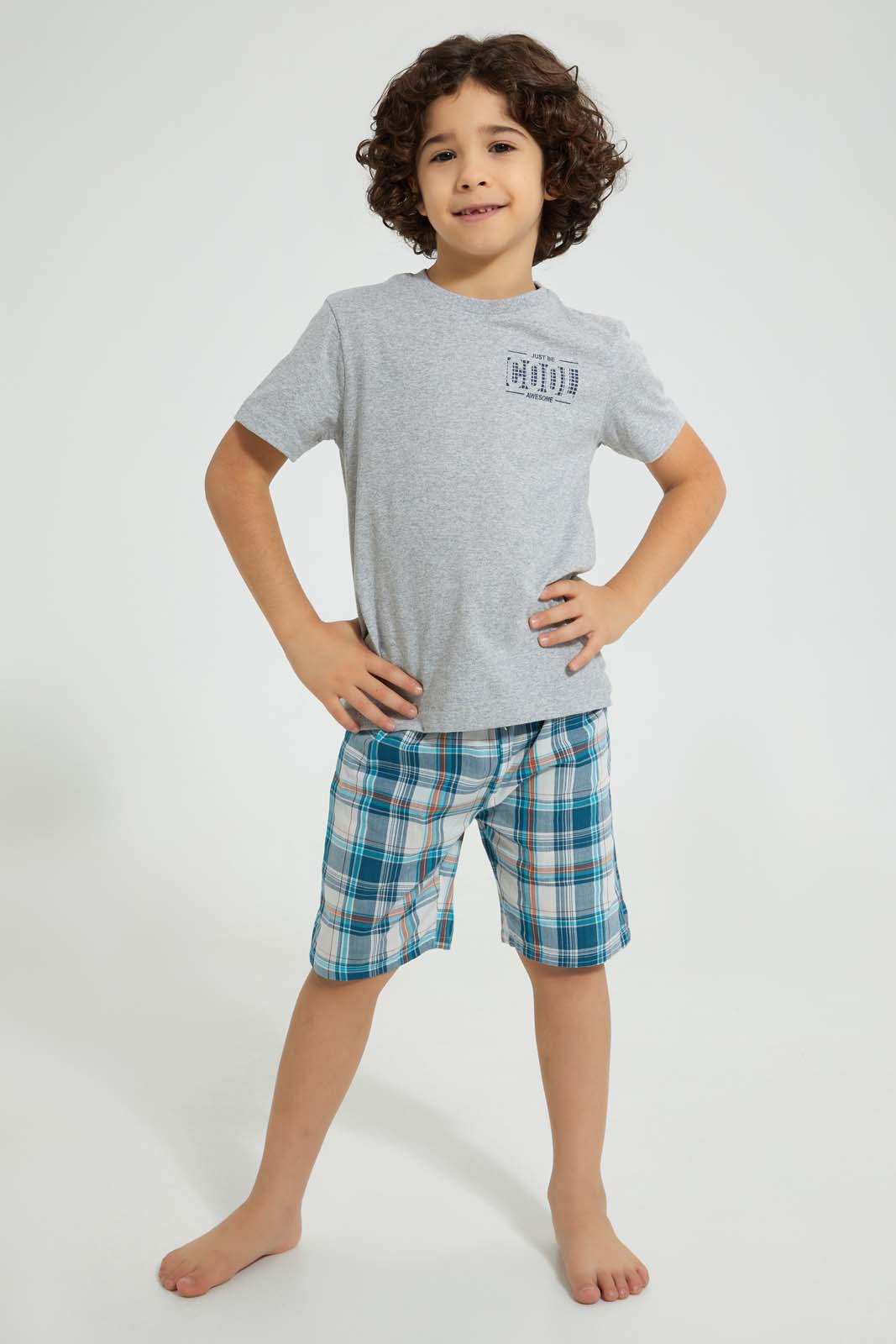 Redtag-Blue-Van-Print-T-Shirt-And-Check-Shorts-Set-Pyjama-Sets-Boys-2 to 8 Years