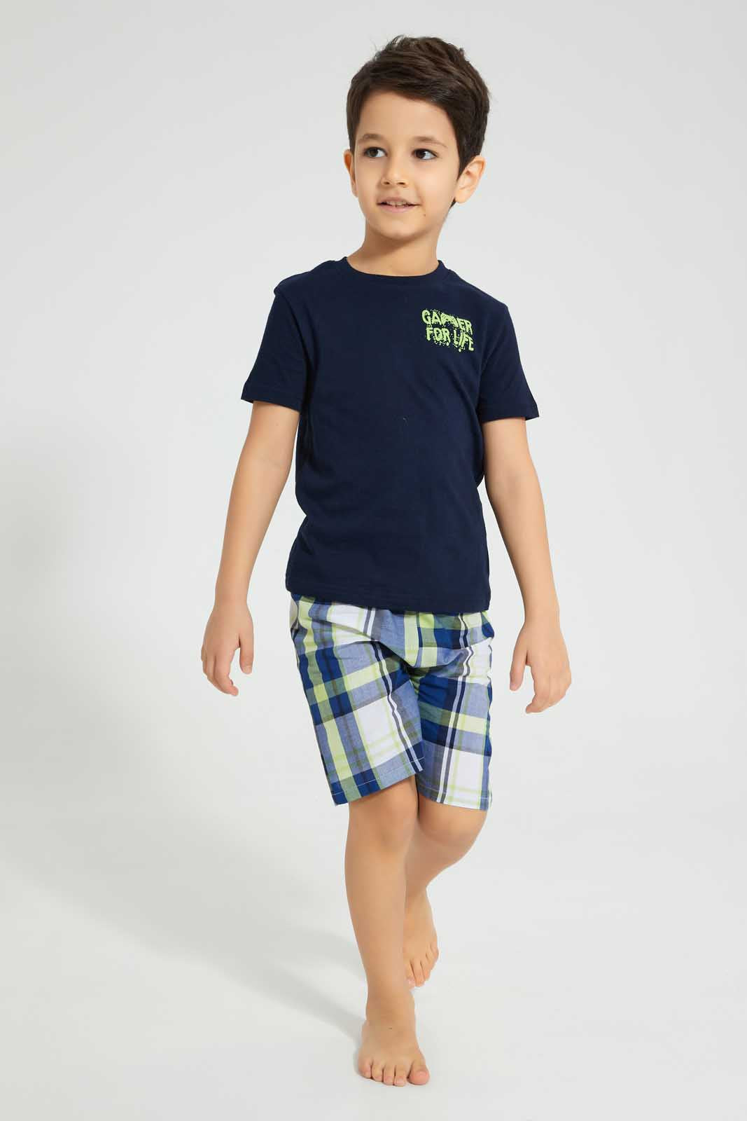 Redtag-Navy-Gamer-Print-T-Shirt-And-Check-Shorts-Set-Pyjama-Sets-Boys-2 to 8 Years