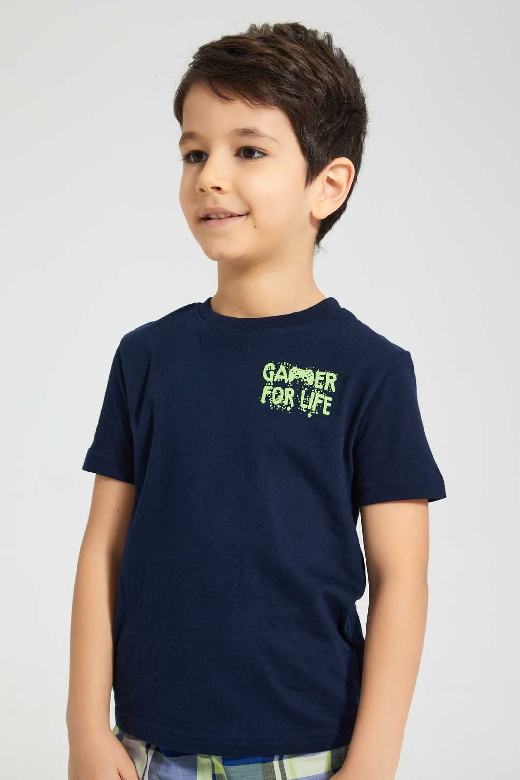 Redtag-Navy-Gamer-Print-T-Shirt-And-Check-Shorts-Set-Pyjama-Sets-Boys-2 to 8 Years