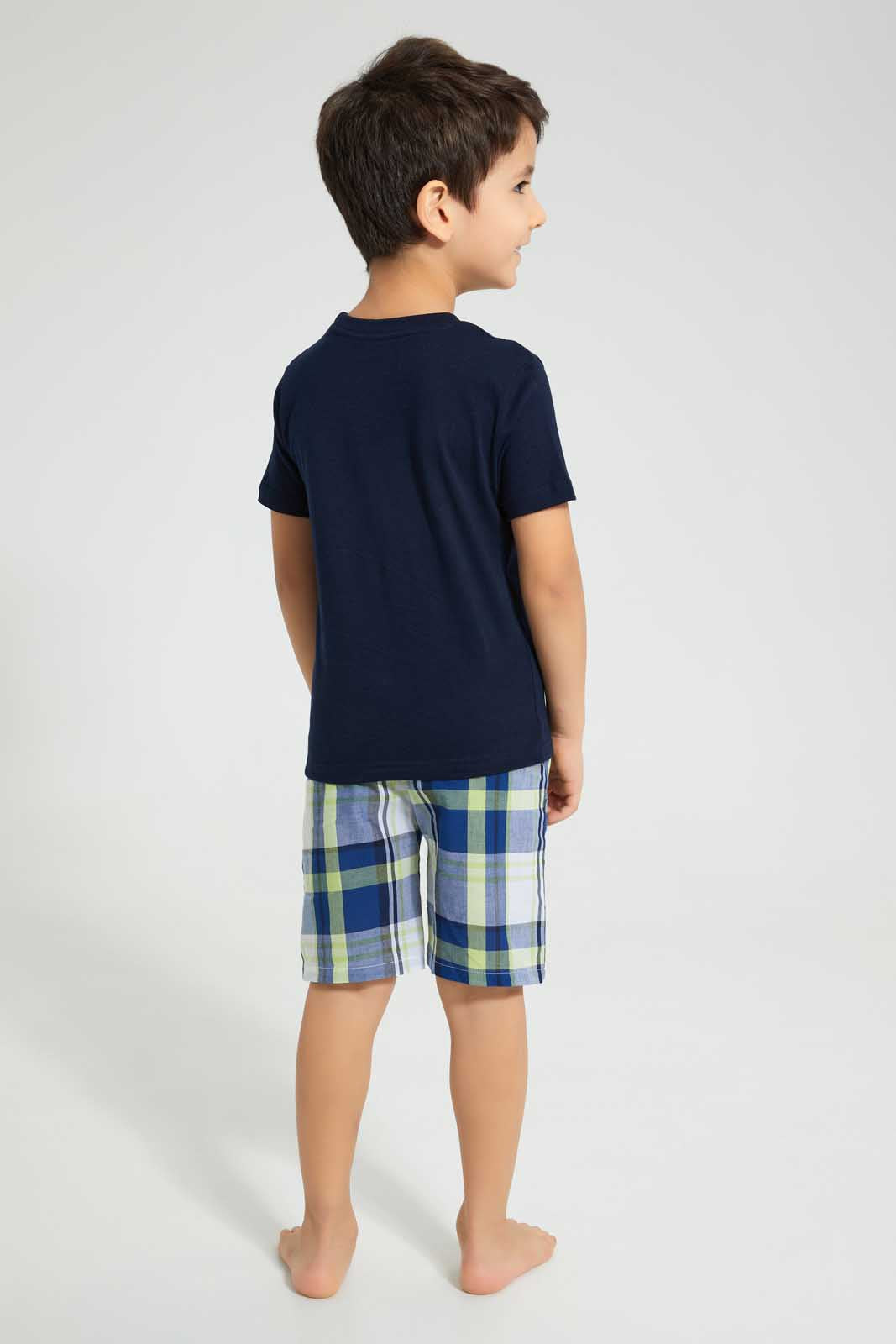 Redtag-Navy-Gamer-Print-T-Shirt-And-Check-Shorts-Set-Pyjama-Sets-Boys-2 to 8 Years