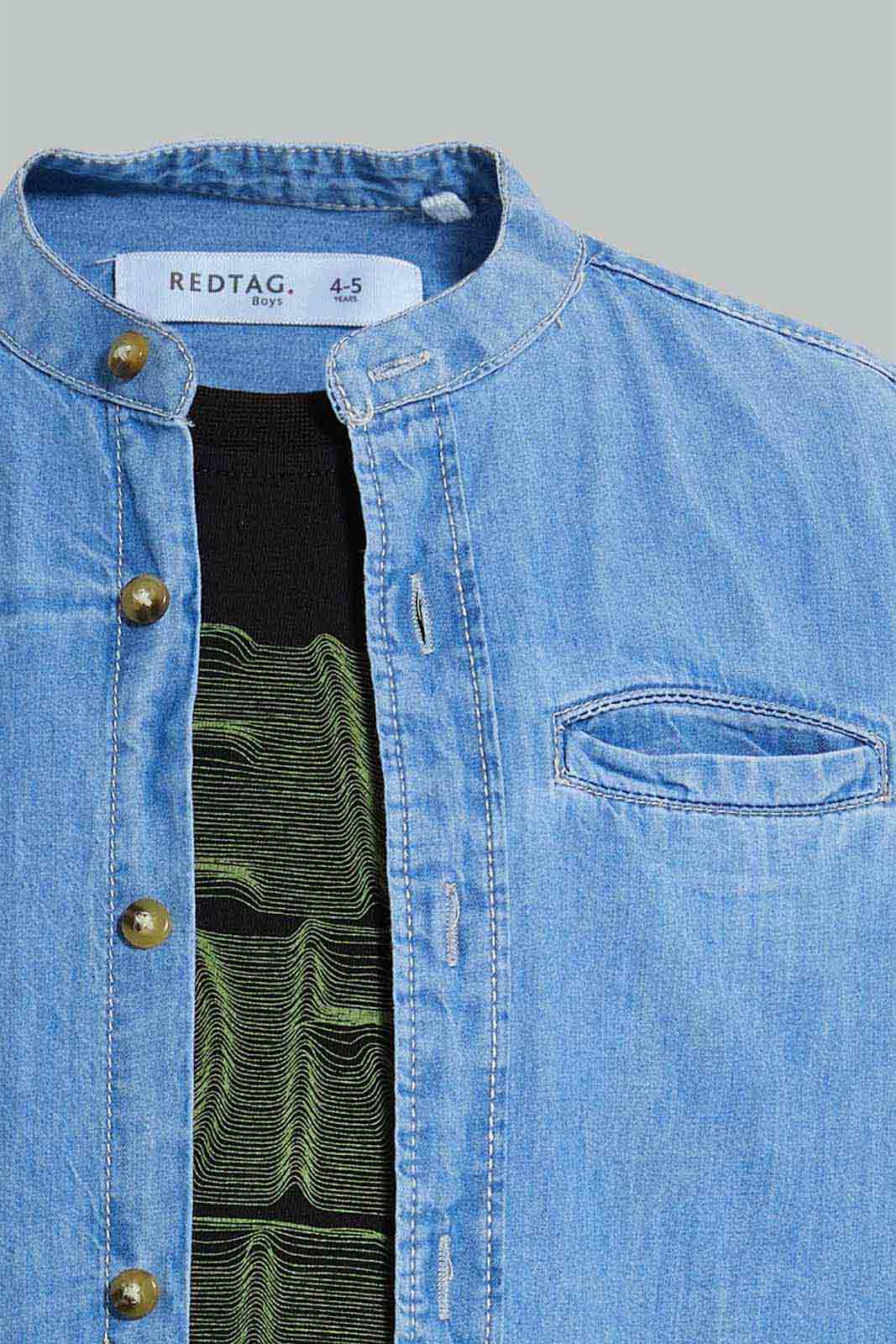 Redtag-Light-Wash-Denim-Mandarin-Collar-Shirt-And-T-Shirt-Set-Boys-Shirts,-Colour:Light-Wash,-Filter:Boys-(2-to-8-Yrs),-New-In,-New-In-BOY,-Non-Sale,-S22A,-Section:Kidswear-Boys-2 to 8 Years