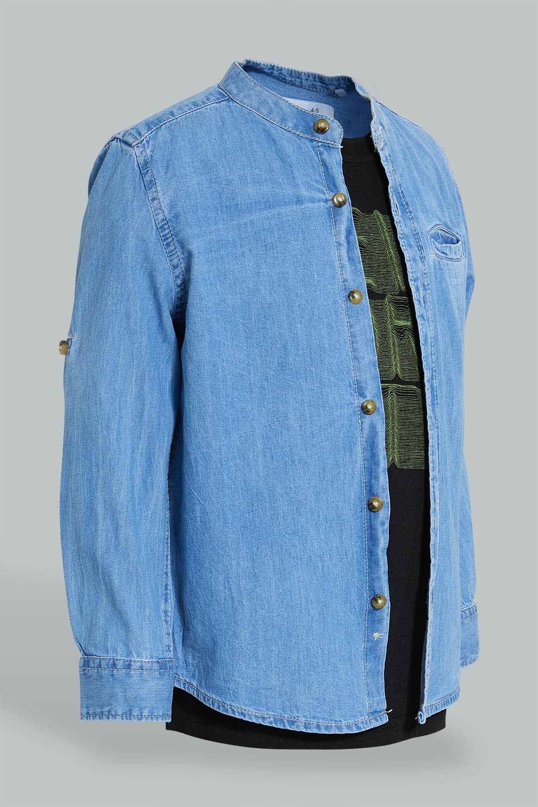 Redtag-Light-Wash-Denim-Mandarin-Collar-Shirt-And-T-Shirt-Set-Boys-Shirts,-Colour:Light-Wash,-Filter:Boys-(2-to-8-Yrs),-New-In,-New-In-BOY,-Non-Sale,-S22A,-Section:Kidswear-Boys-2 to 8 Years