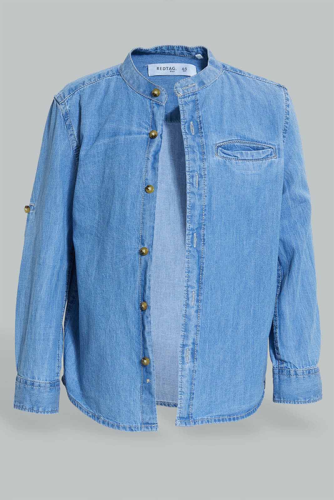 Redtag-Light-Wash-Denim-Mandarin-Collar-Shirt-And-T-Shirt-Set-Boys-Shirts,-Colour:Light-Wash,-Filter:Boys-(2-to-8-Yrs),-New-In,-New-In-BOY,-Non-Sale,-S22A,-Section:Kidswear-Boys-2 to 8 Years
