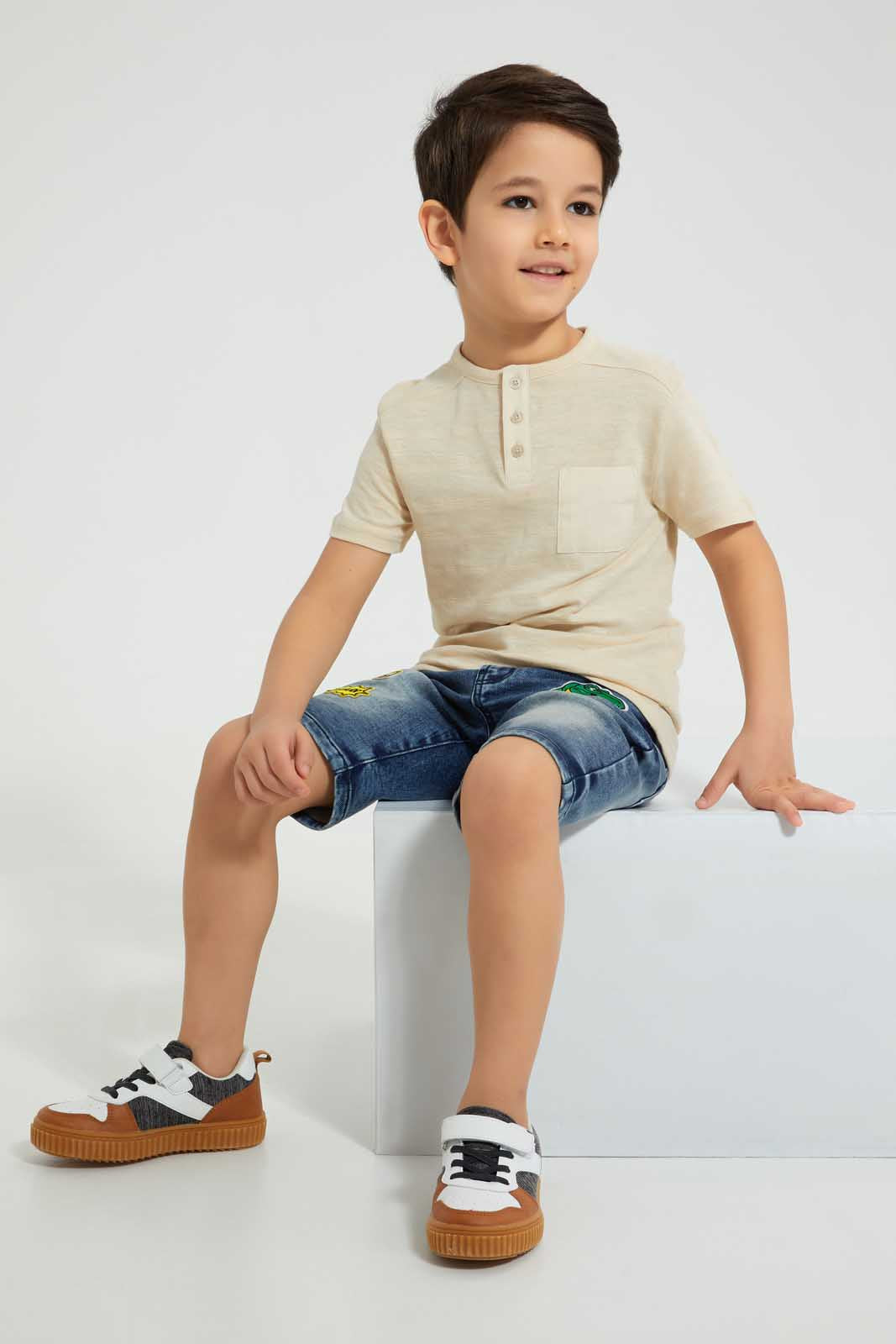 Redtag-Beige-Stone-Pocket-Henley-All-Over-Prints-Boys-2 to 8 Years