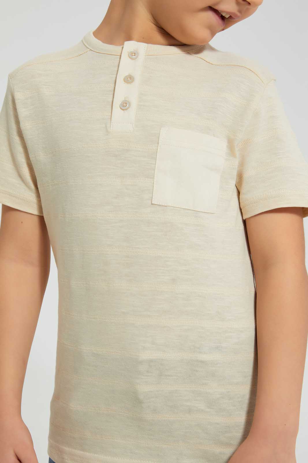 Redtag-Beige-Stone-Pocket-Henley-All-Over-Prints-Boys-2 to 8 Years