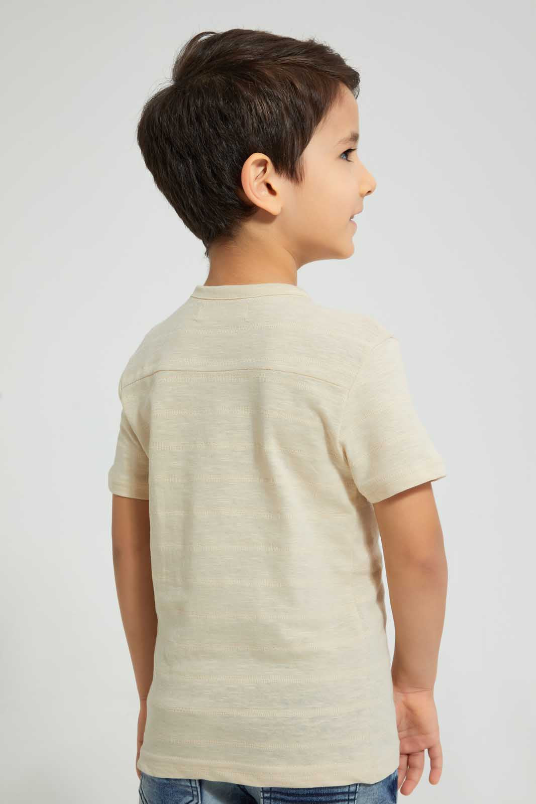 Redtag-Beige-Stone-Pocket-Henley-All-Over-Prints-Boys-2 to 8 Years