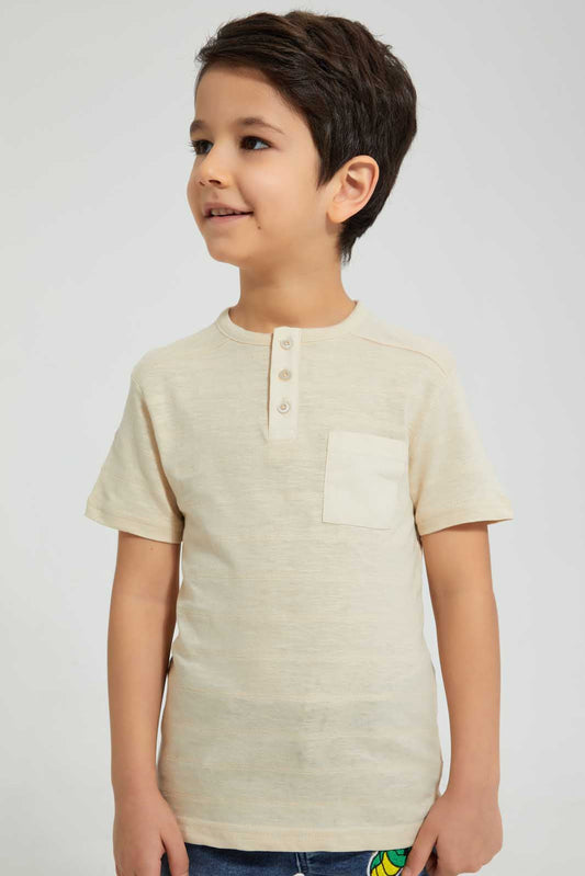 Redtag-Beige-Stone-Pocket-Henley-All-Over-Prints-Boys-2 to 8 Years