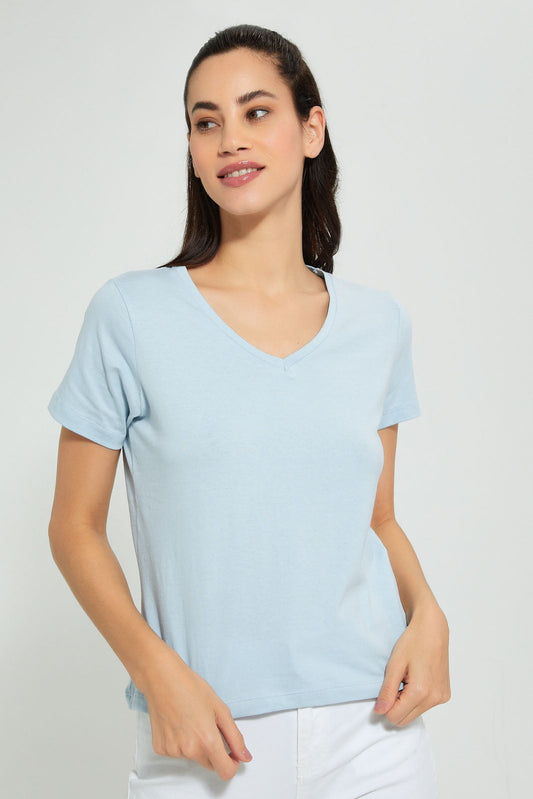 Redtag-Blue-Plain-Short-Sleeve-V-Neck-T-Shirt-Active-Tees-Women's-