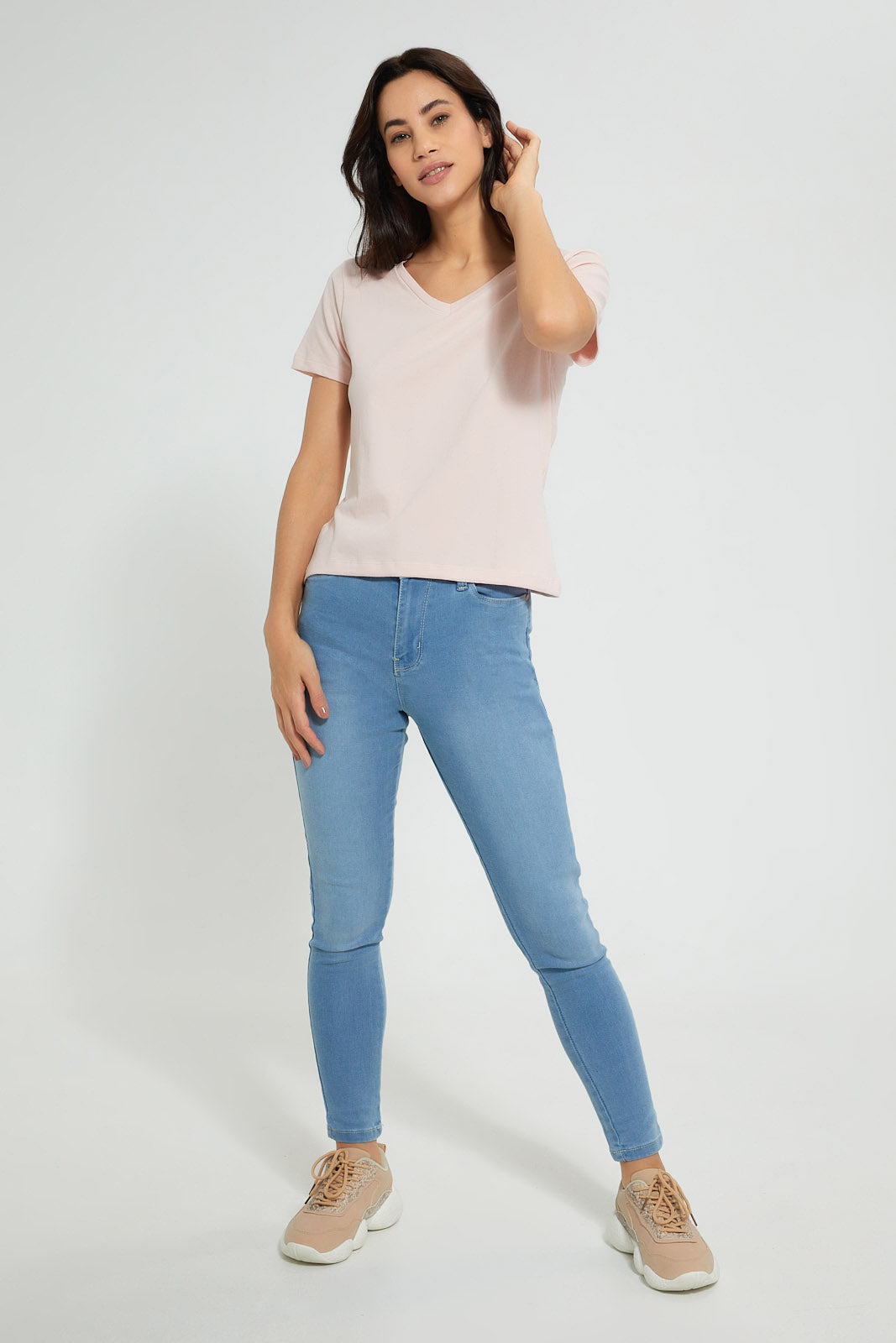 Pink Plain Short Sleeved V-Neck T-Shirt