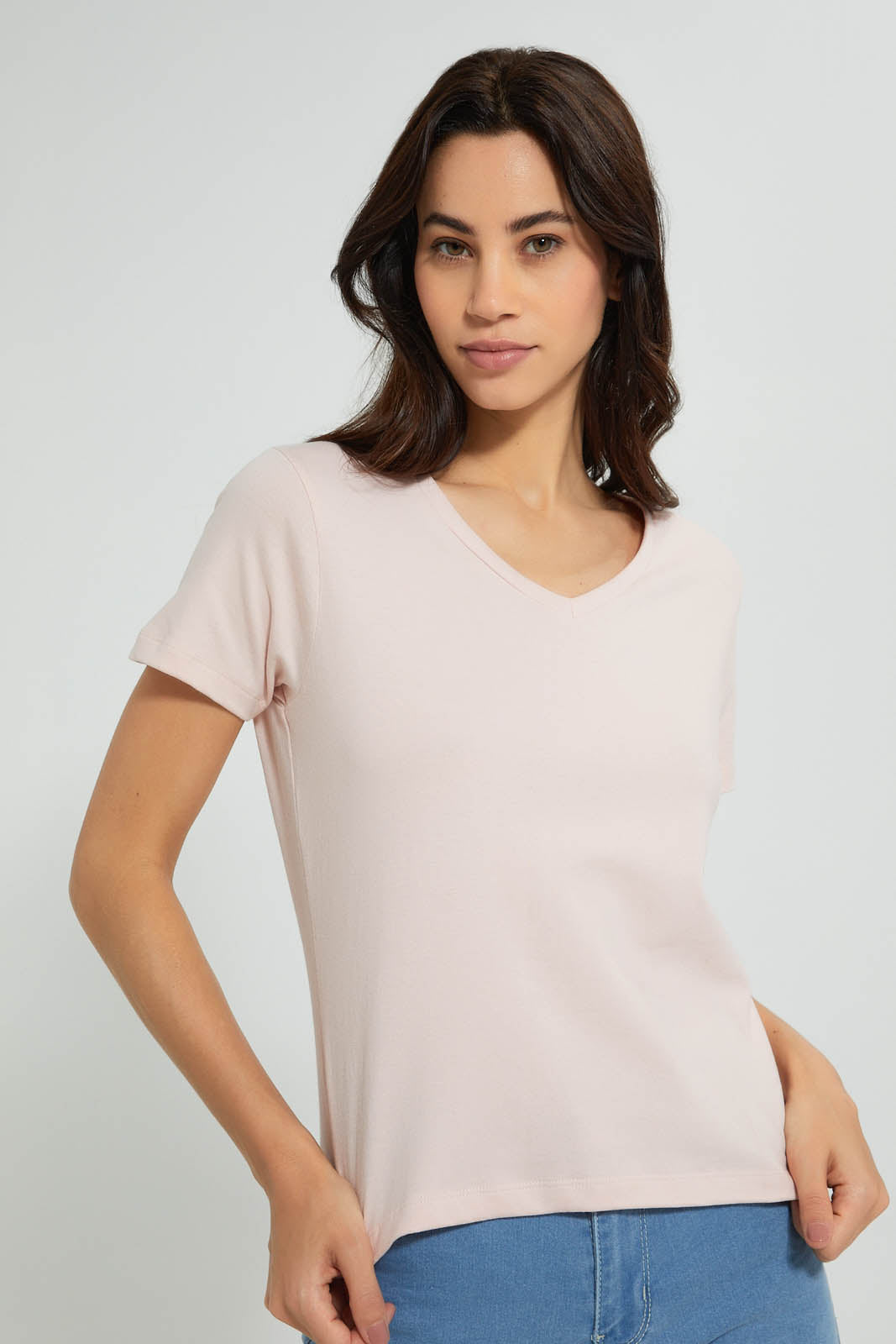 Pink Plain Short Sleeved V-Neck T-Shirt
