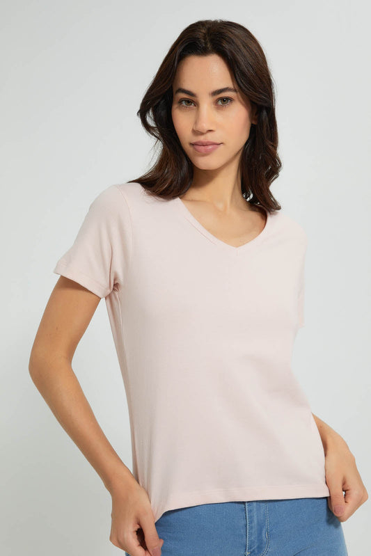 Pink Plain Short Sleeved V-Neck T-Shirt
