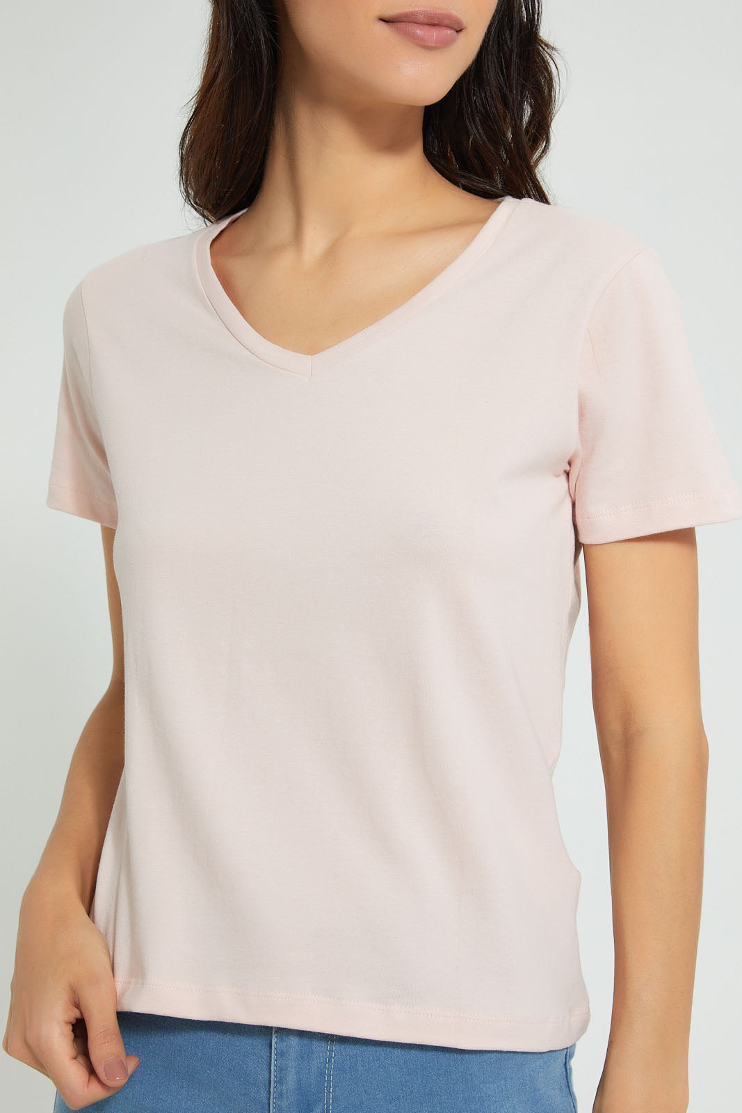 Pink Plain Short Sleeved V-Neck T-Shirt