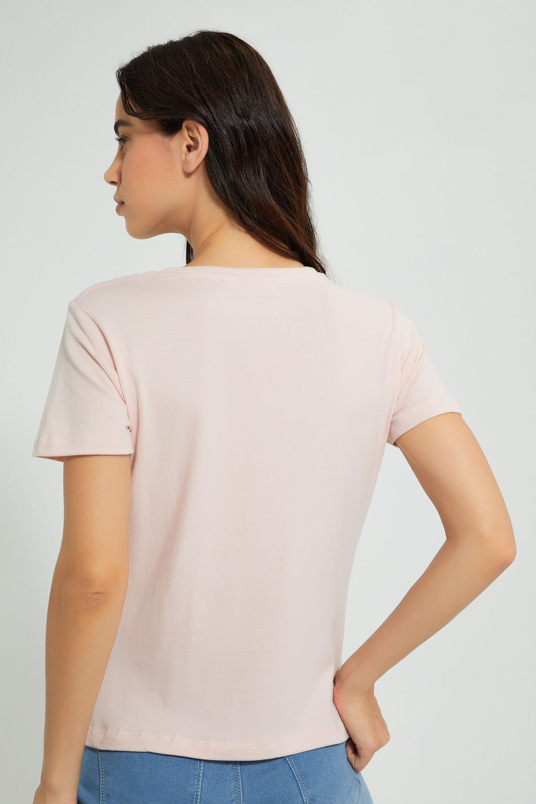 Pink Plain Short Sleeved V-Neck T-Shirt