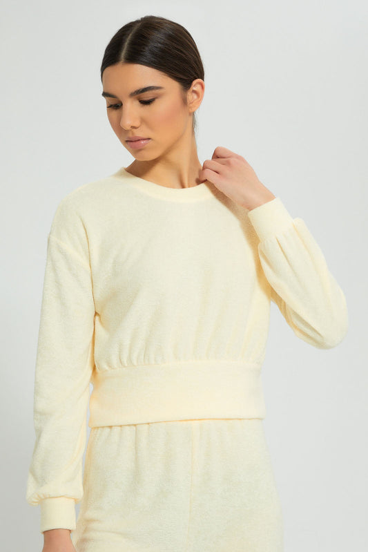 Redtag-Yellow-Crewneck-SweaT-Shirt-With-Gathers-At-Hem-&-Placement-Embroideredroidery-Loungewear-Women's-
