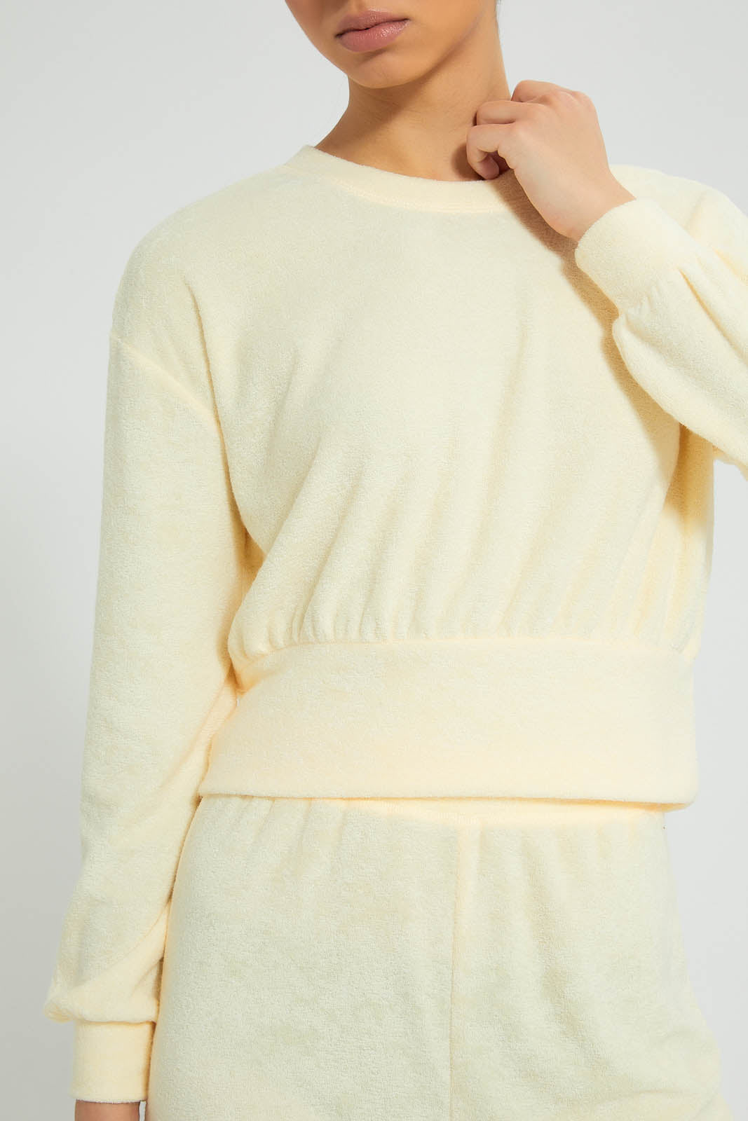 Redtag-Yellow-Crewneck-SweaT-Shirt-With-Gathers-At-Hem-&-Placement-Embroideredroidery-Loungewear-Women's-