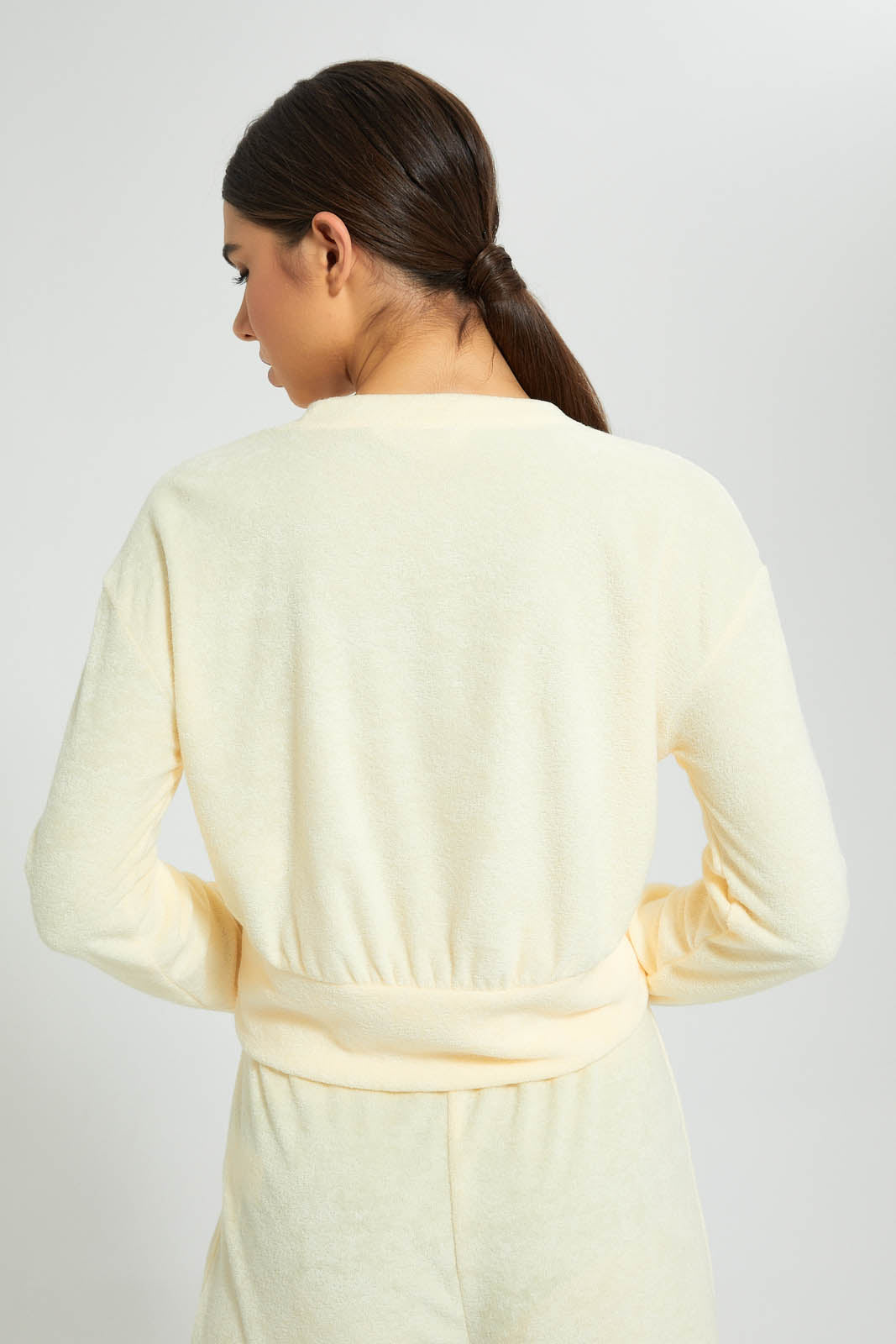 Redtag-Yellow-Crewneck-SweaT-Shirt-With-Gathers-At-Hem-&-Placement-Embroideredroidery-Loungewear-Women's-