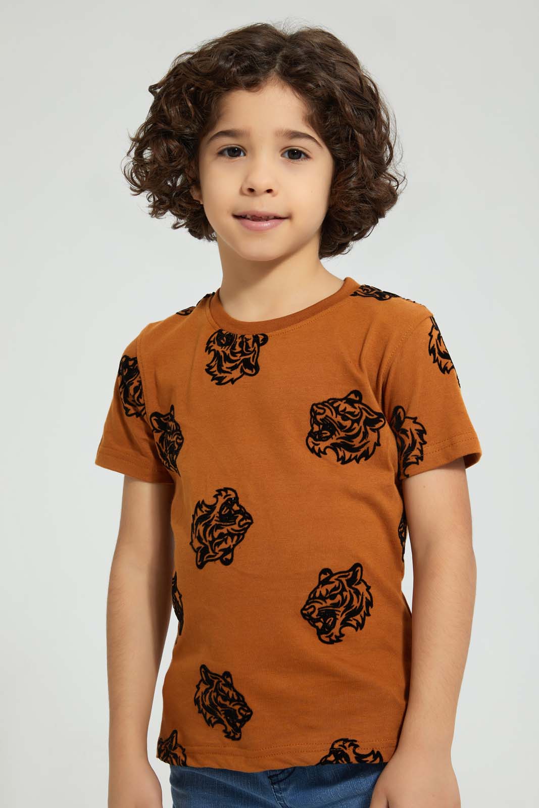 Redtag-Brown-Tiger-Aop-T-Shirt-All-Over-Prints-Boys-2 to 8 Years