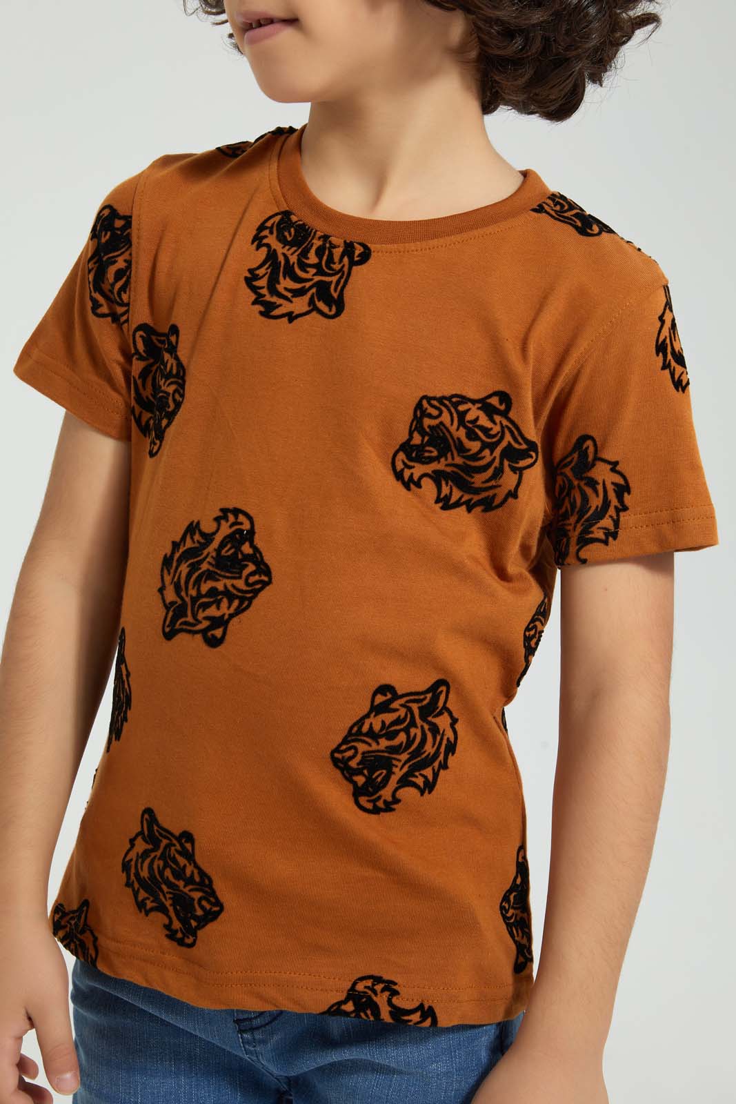 Redtag-Brown-Tiger-Aop-T-Shirt-All-Over-Prints-Boys-2 to 8 Years