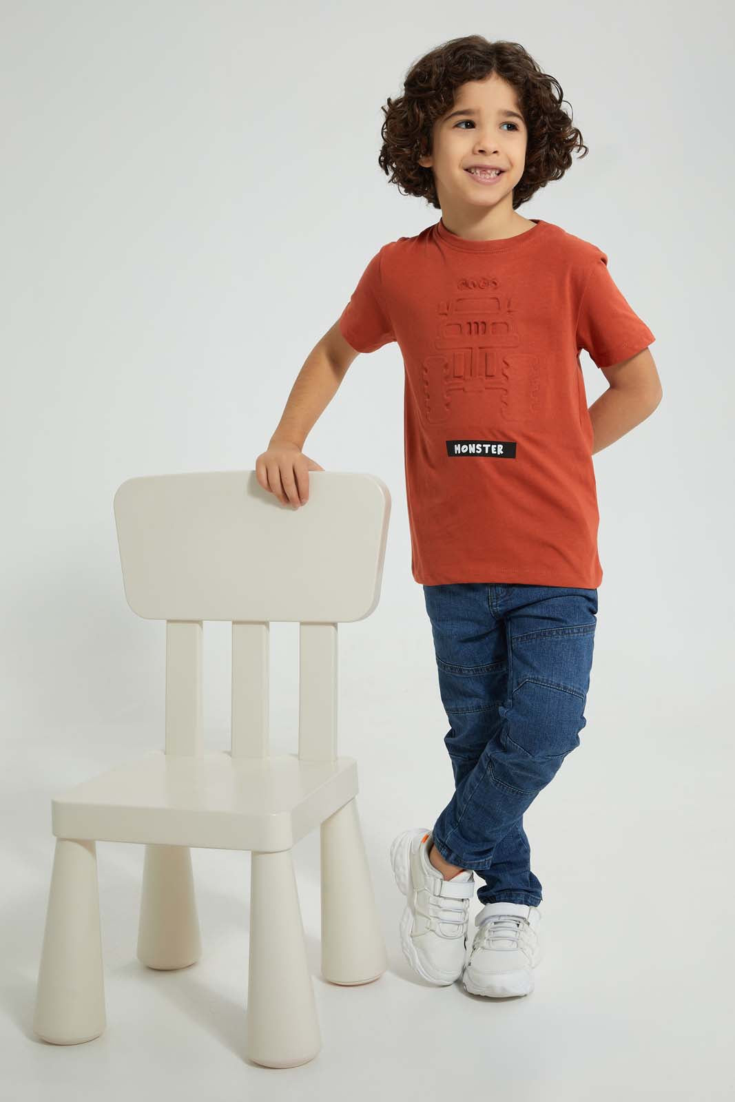 Redtag-Brown-Embossed-T-Shirt-All-Over-Prints-Boys-2 to 8 Years