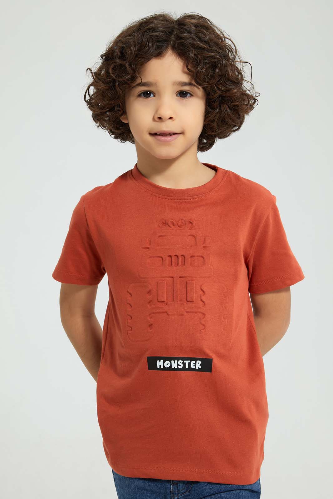 Redtag-Brown-Embossed-T-Shirt-All-Over-Prints-Boys-2 to 8 Years