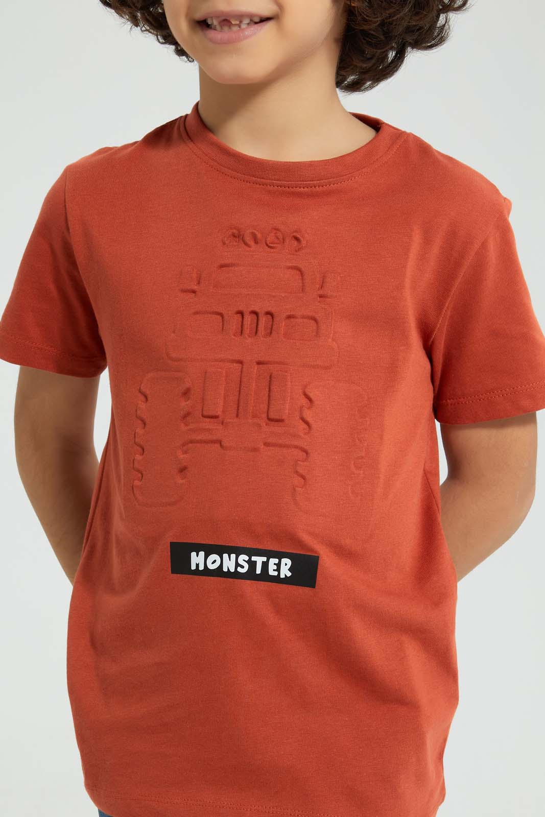 Redtag-Brown-Embossed-T-Shirt-All-Over-Prints-Boys-2 to 8 Years