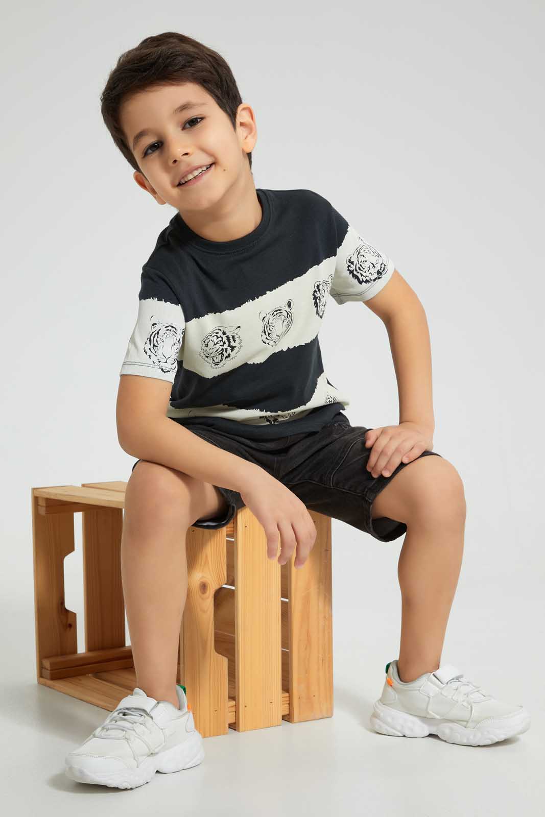 Redtag-Grey-Tie-Dye-Tiger-Print-T-Shirt-All-Over-Prints-Boys-2 to 8 Years